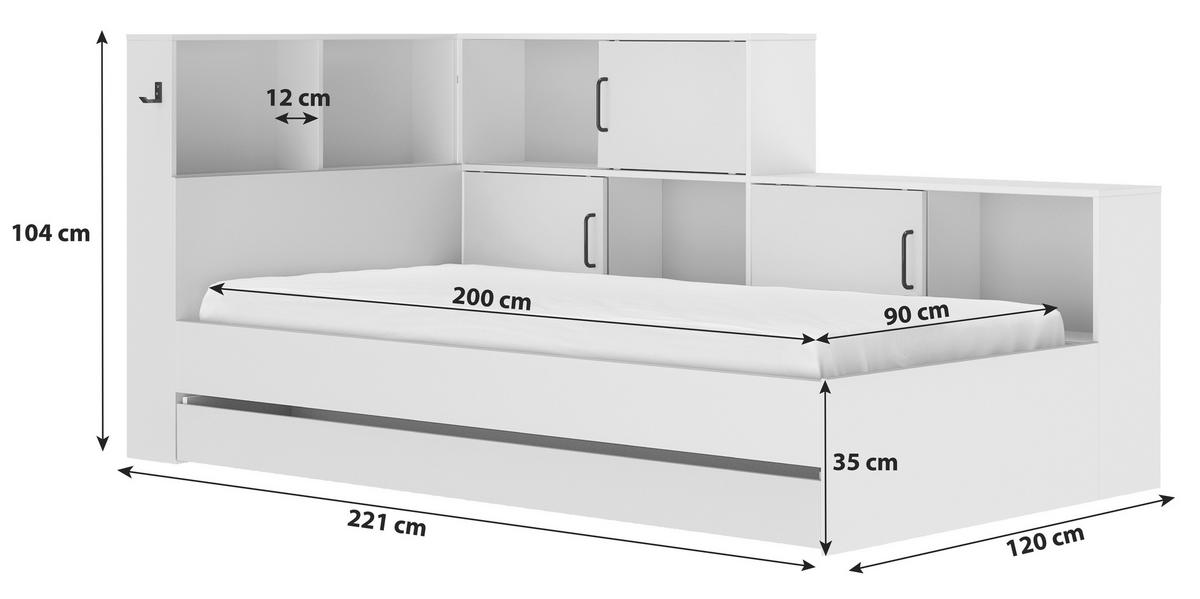 Postelja S Predalom Erwan, Bela, Barva Kostanja, 90x200cm - bela/naravne barve, Moderno, leseni material (90/200cm) - MID.YOU