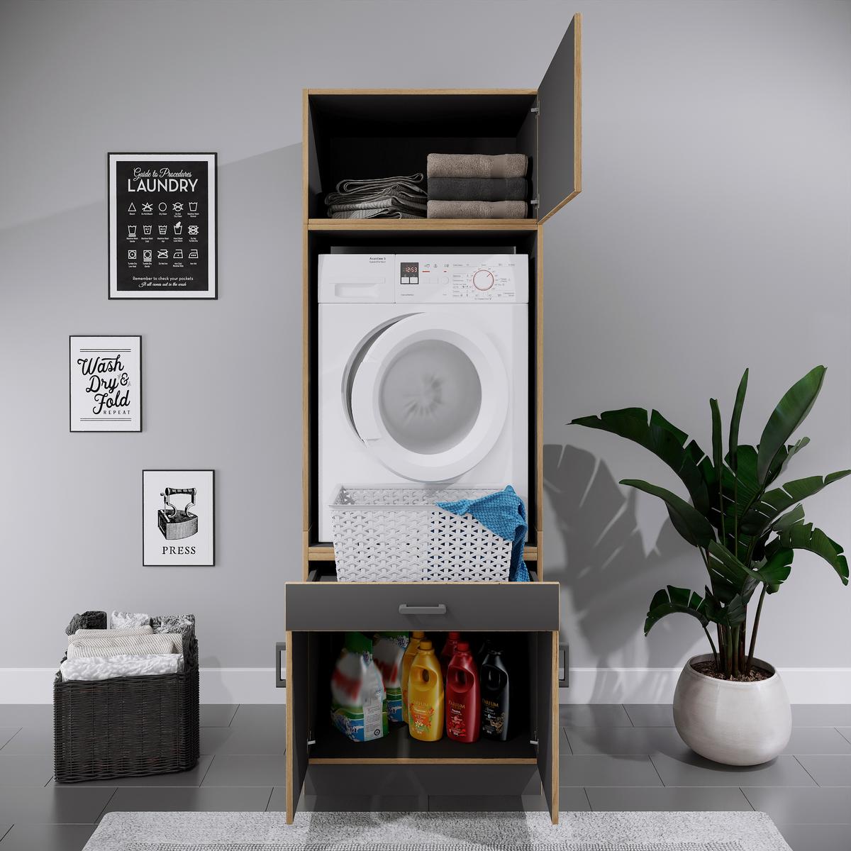 Waschmaschinenschrank Rislo - Honigeiche/Anthrazit, Trend, Holzwerkstoff/Kunststoff (67/200/68cm) - MID.YOU