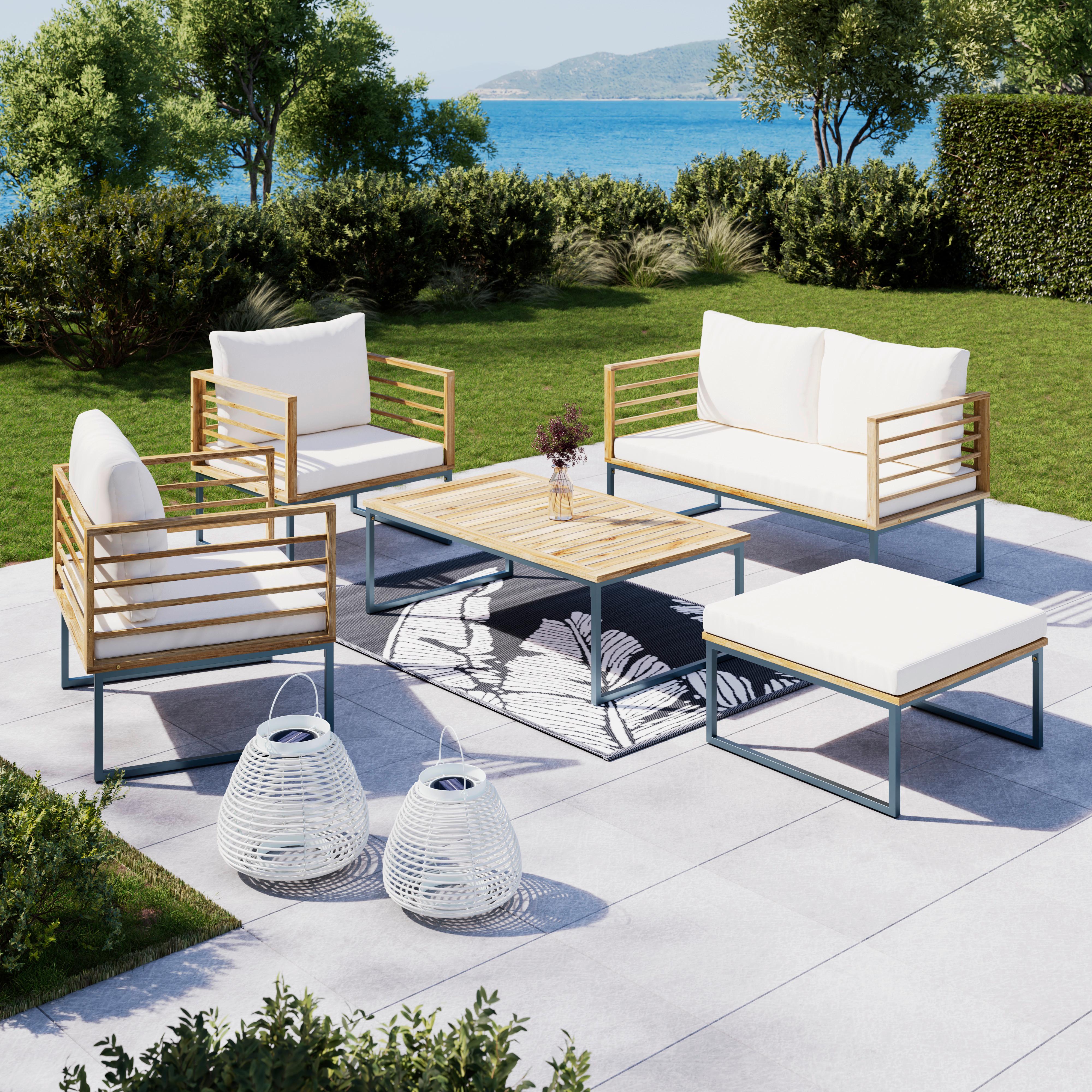 Loungegarnitur Silas Creme Holz/Outdoorstoff/Metall - Creme/Akaziefarben, MODERN, Holz/Textil (130/85/80cm) - Bessagi Garden