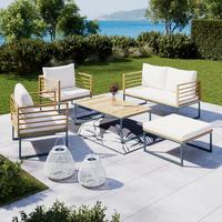 Loungegarnitur Silas Creme Holz/Outdoorstoff/Metall - Creme/Akaziefarben, MODERN, Holz/Textil (130/85/80cm) - Bessagi Garden