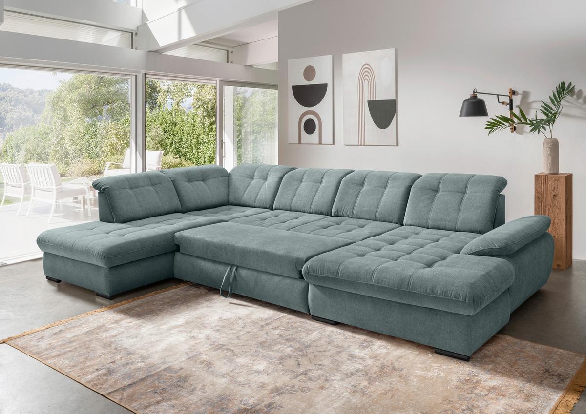 Wohnlandschaft Rigatti Blau Chenille mit Bettkasten - Blau/Schwarz, MODERN, Textil/Metall (252/387/184cm) - Livetastic