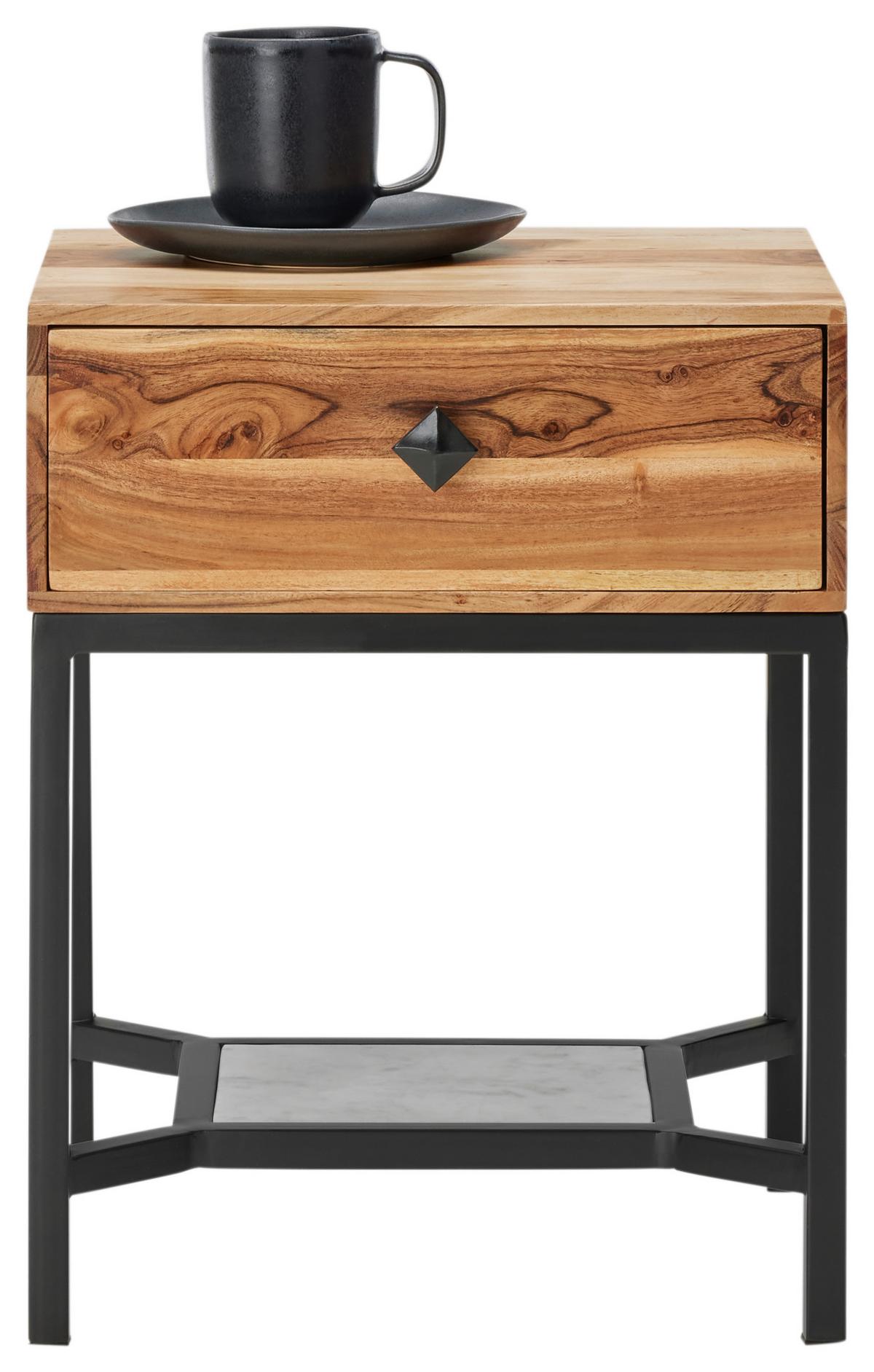 Nachttisch in Akaziefarben - Weiss/Schwarz, Natur, Holz/Stein (40/55/35cm) - Zandiara