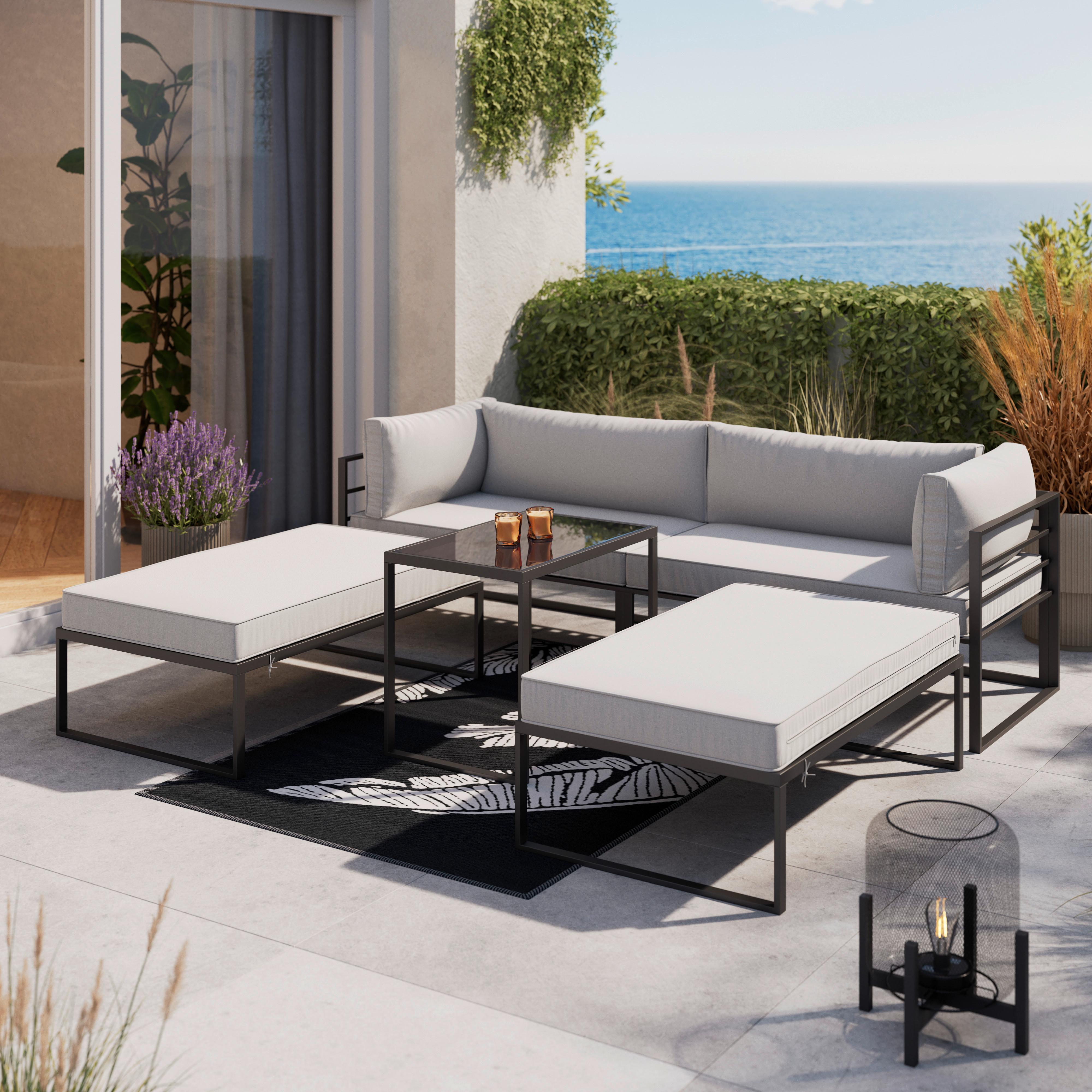 Loungegarnitur Malina Hellgrau aus Metall/Textil - Schwarz/Grau, Modern, Glas/Textil (230/60/70,5cm) - Bessagi Garden