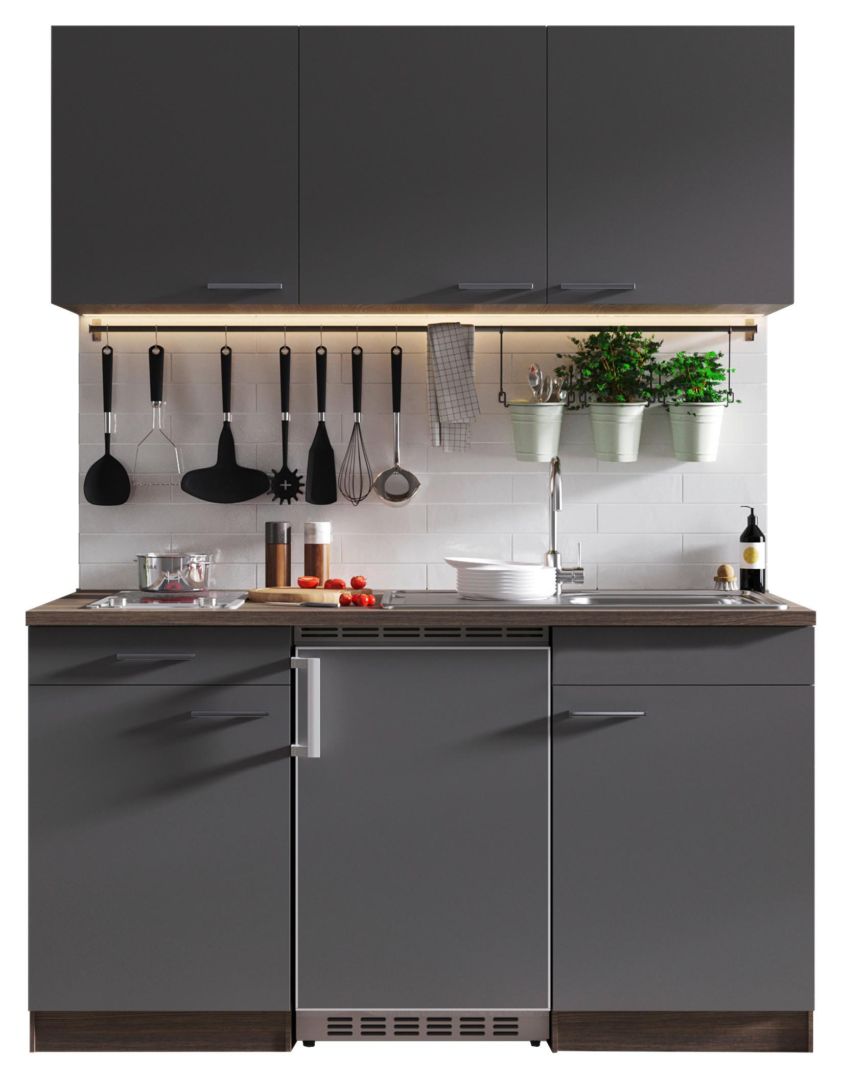 Miniküche Oliver mit Geräten ca. 150 cm Grau - Eichefarben/Alufarben, Basics, Holzwerkstoff/Kunststoff (150cm) - Respekta