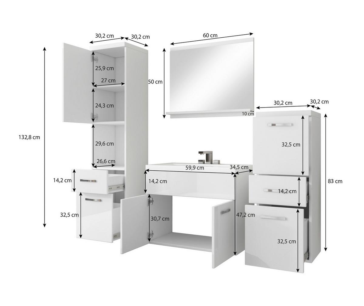 Badmöbel-Set 5-tlg. Alba ca. 140 cm Eiche Bodega/Weiß - Eichefarben/Weiß Hochglanz, LIFESTYLE, Holzwerkstoff/Metall (120cm) - P & B