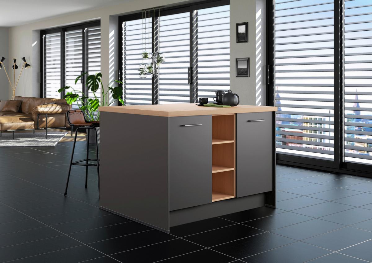 Kücheninsel IP1200 o. Geräte Graphitfarben - Edelstahlfarben/Eichefarben, Basics, Holzwerkstoff/Metall (123,4/91,8/96,6cm) - Impuls