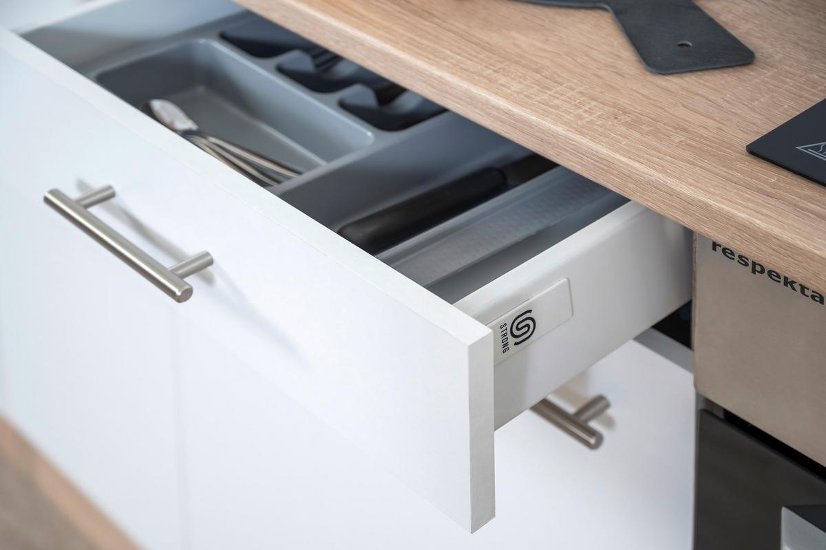 Eckküche Economy Weiß/ Eichefarben ca. 280x172 cm - Edelstahlfarben/Eichefarben, Basics, Holzwerkstoff/Metall (280/172cm) - Respekta