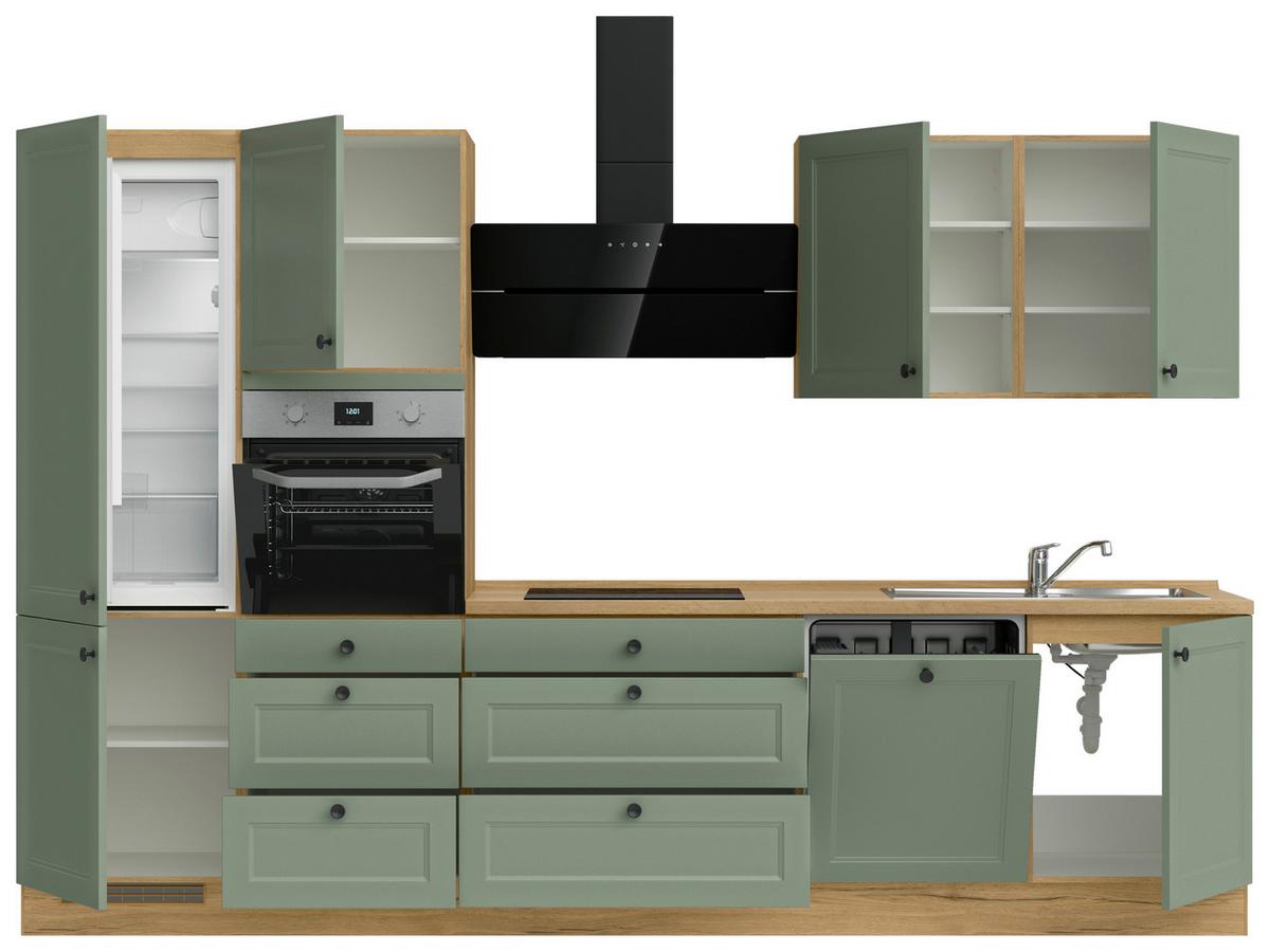 Küchenblock Cascada High m. Geräten Schilfgrün - Schilfgrün/Eichefarben, MODERN, Holzwerkstoff/Metall (330cm) - Nobilia