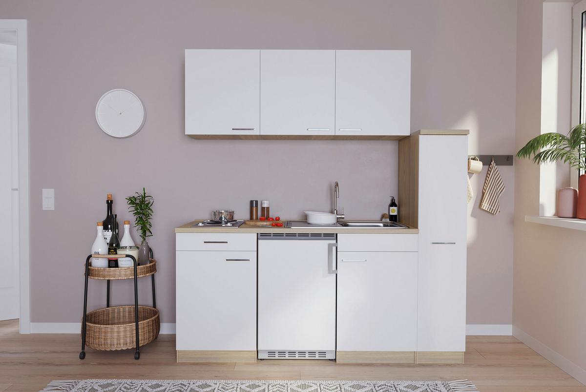 Miniküche Luis mit Geräten ca. 180 cm Weiß - Eichefarben/Alufarben, Basics, Holzwerkstoff/Kunststoff (180cm) - Respekta