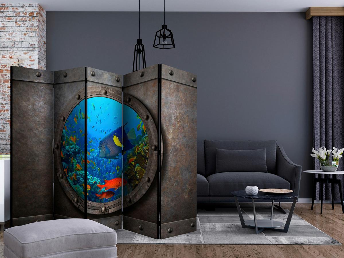 Paravan Submarine Window I, 5-Delni, Dvostranski - modra/rjava, Basics, tekstil/les (225/172/3cm) - artgeist