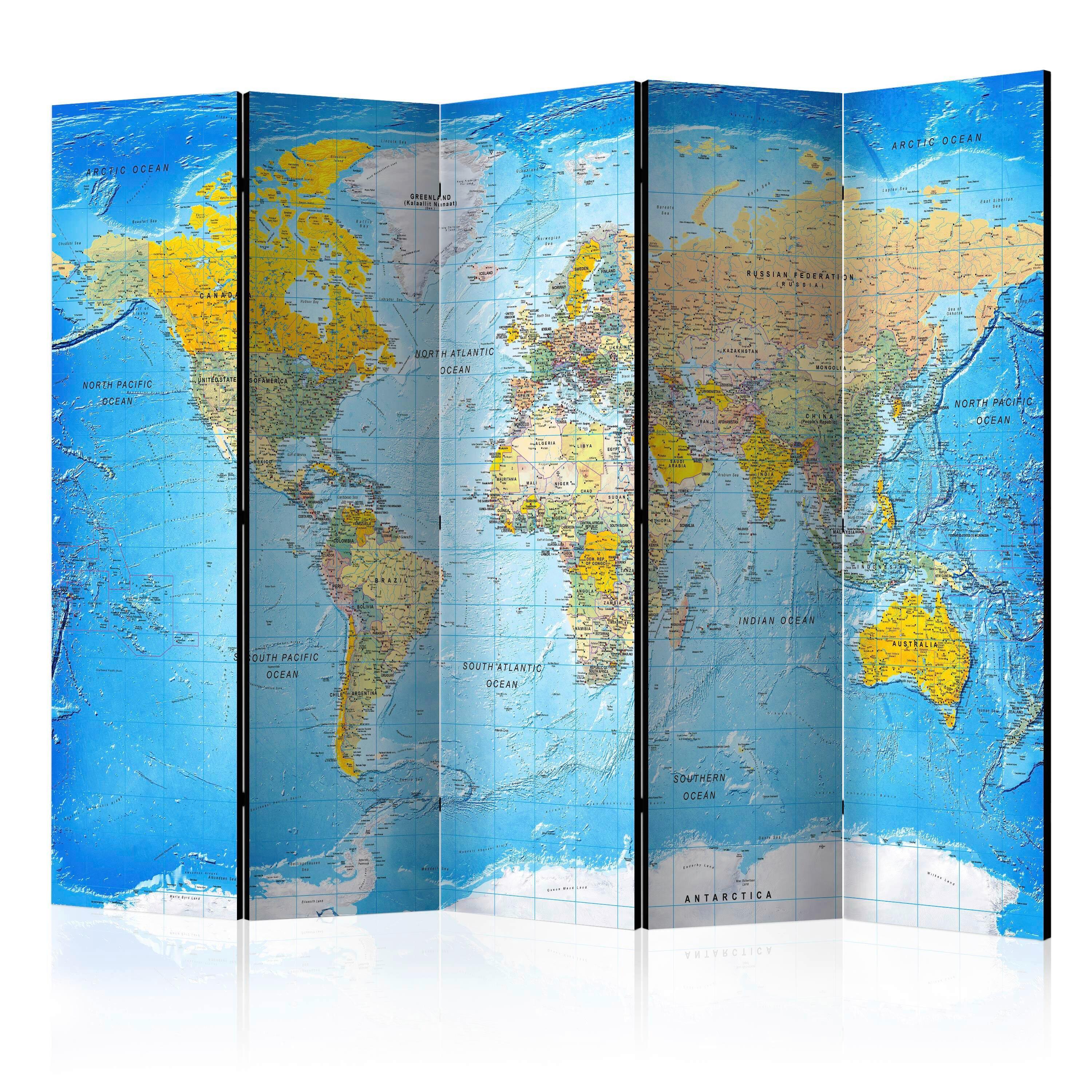 Paravan Classic World Map, 5-Delni, Akustičen - modra/rumena, Basics, umetna masa/tekstil (225/172/3cm) - artgeist