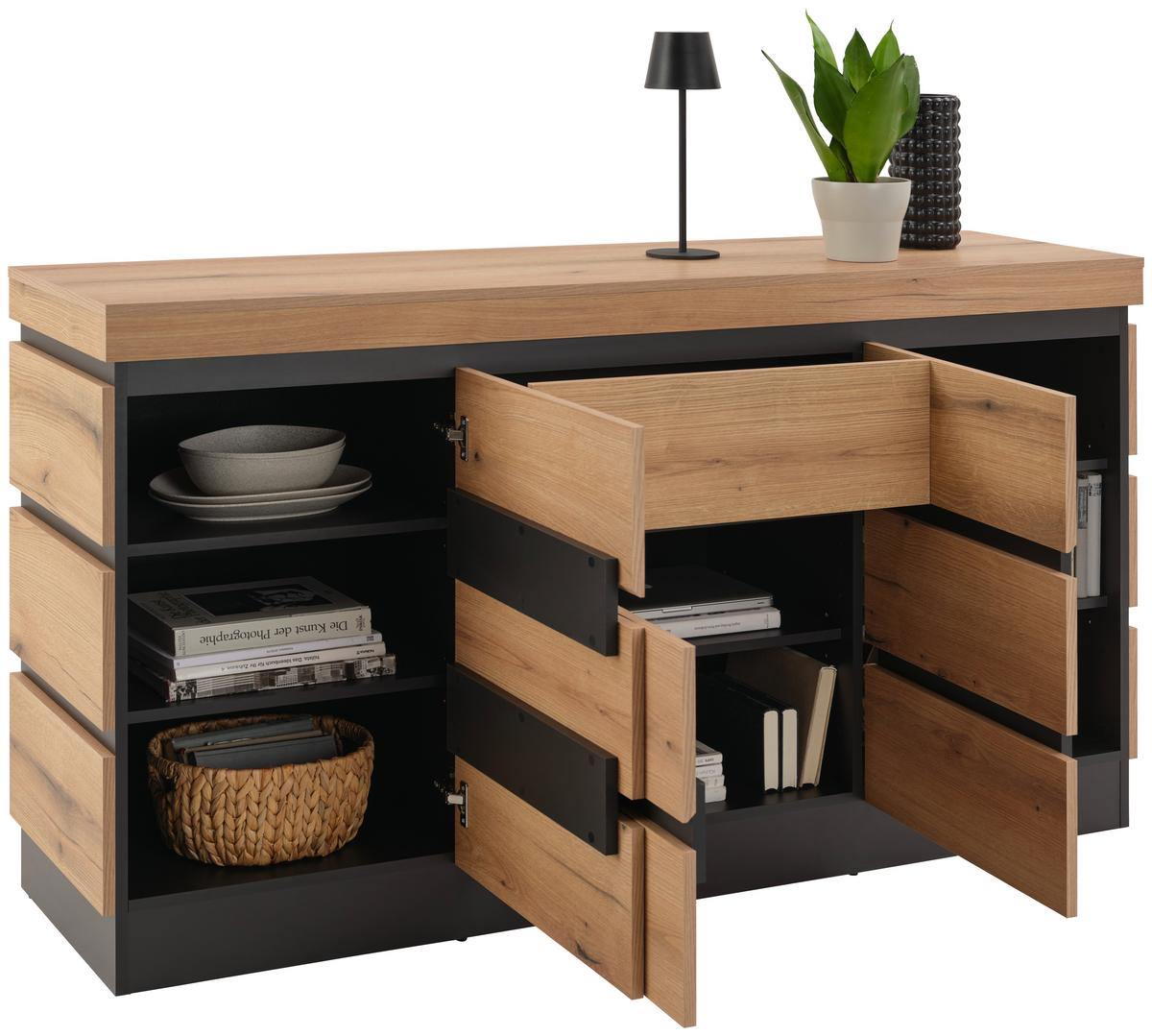Comodă cu uși CORTE - culoare lemn stejar/gri, Trend, material pe bază de lemn (160,8/92,5/45cm) - Modern Living