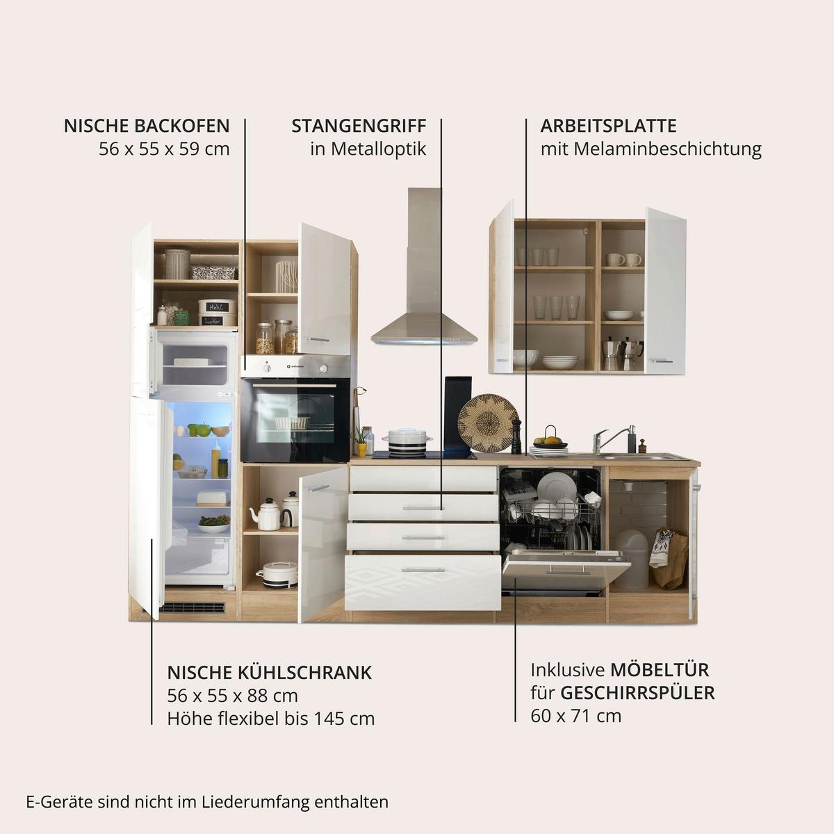 Moderen Kuhinjski Blok Brez Aparatov Laurel, Bela, Hrast - bela/hrast sonoma, Moderno, leseni material (310cm) - MID.YOU