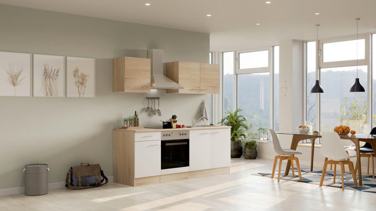 Kuhinjski Blok Z Aparati Samoa, Bela, Barva Hrasta - bela/barve aluminija, Moderno, umetna masa/leseni material (210cm) - FlexWell