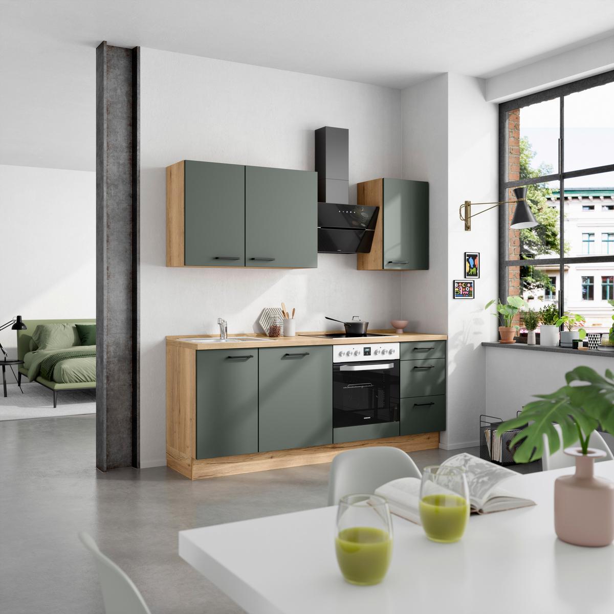 Küchenblock Easytouch High m. Geräten Dunkelgrün - Dunkelgrün/Eichefarben, MODERN, Holzwerkstoff/Metall (210cm) - Nobilia