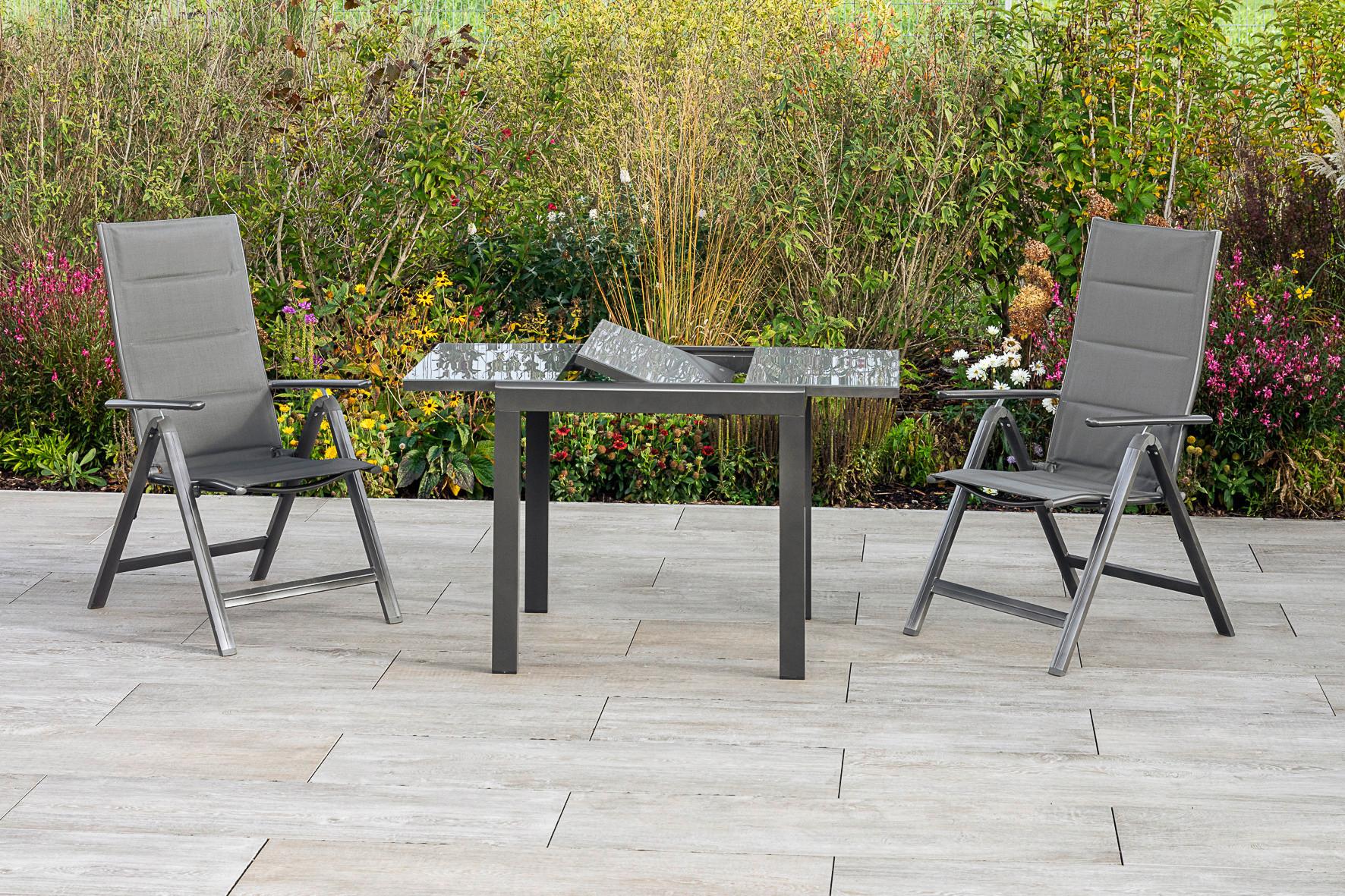 Gartentisch in Graphitfarben ausziehbar ca. 70x75,5x120cm - Graphitfarben, KONVENTIONELL, Glas/Metall (80-120/75,5/70cm) - Gardenson