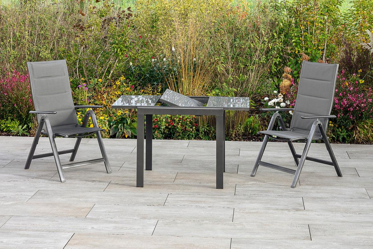 Gartentisch in Graphitfarben ausziehbar ca. 70x75,5x120cm - Graphitfarben, KONVENTIONELL, Glas/Metall (80-120/75,5/70cm) - Gardenson