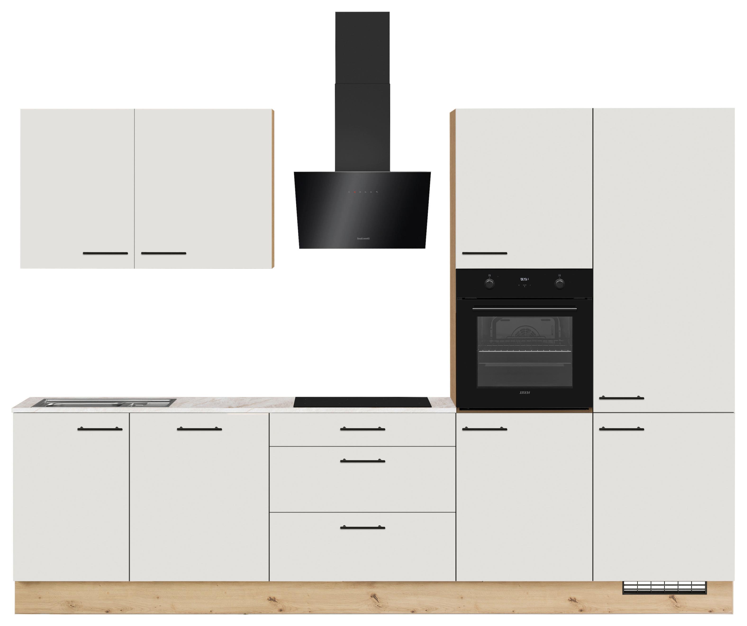 Küchenblock IP1200 o. Geräte Weiß - Eichefarben/Schwarz, MODERN, Holzwerkstoff/Metall (310cm) - Impuls