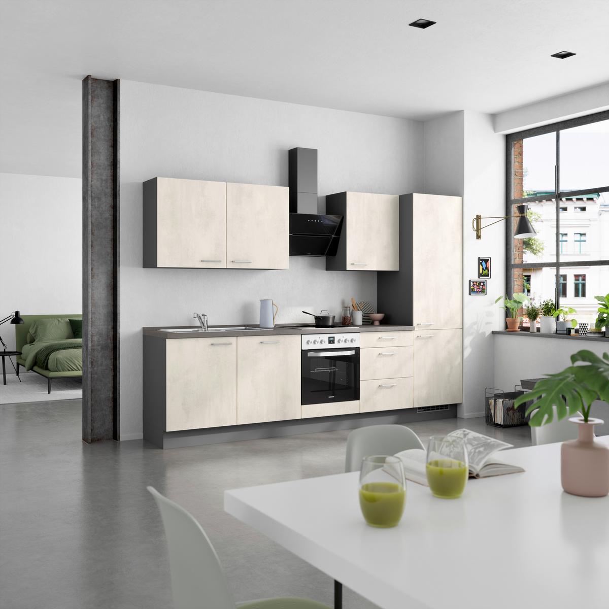 Küchenblock Riva High m. Geräten Weiß - Schieferfarben/Edelstahlfarben, MODERN, Holzwerkstoff/Metall (300cm) - Nobilia