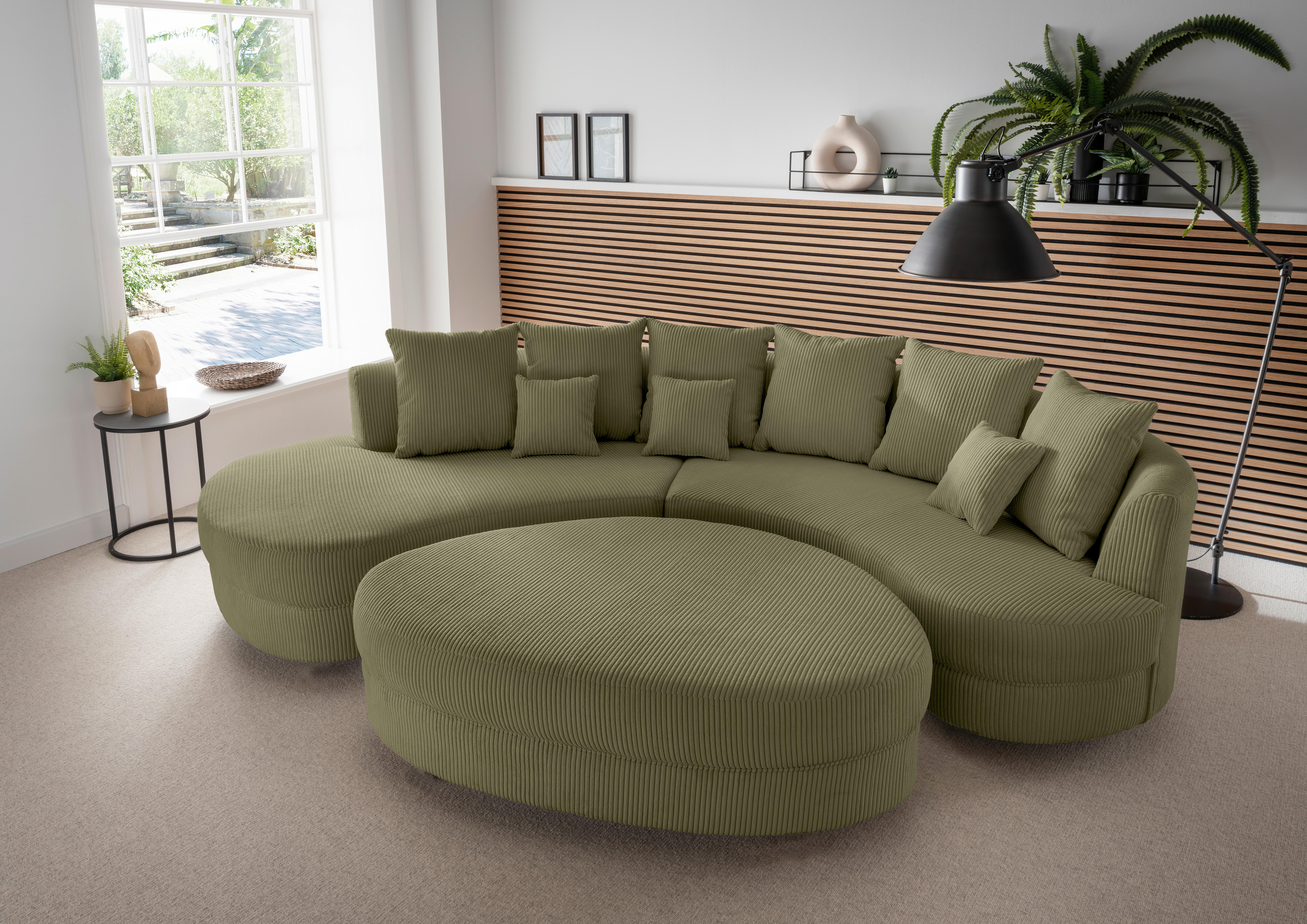 Wohnlandschaft Limoncello m. Hocker ca. 300x160cm Olivgrün - Schwarz/Olivgrün, Design, Kunststoff/Textil (300/160cm) - Livetastic