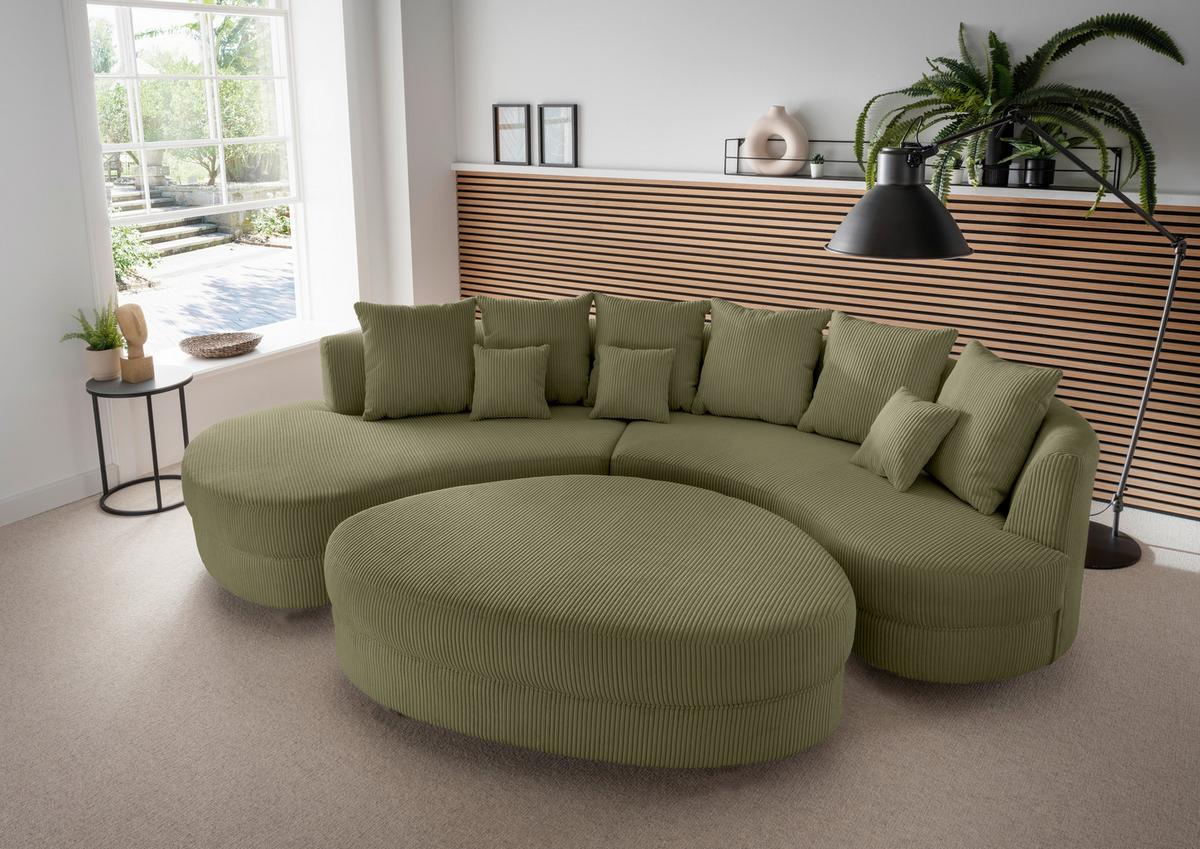 Wohnlandschaft Limoncello m. Hocker ca. 300x160cm Olivgrün - Schwarz/Olivgrün, Design, Kunststoff/Textil (300/160cm) - Livetastic