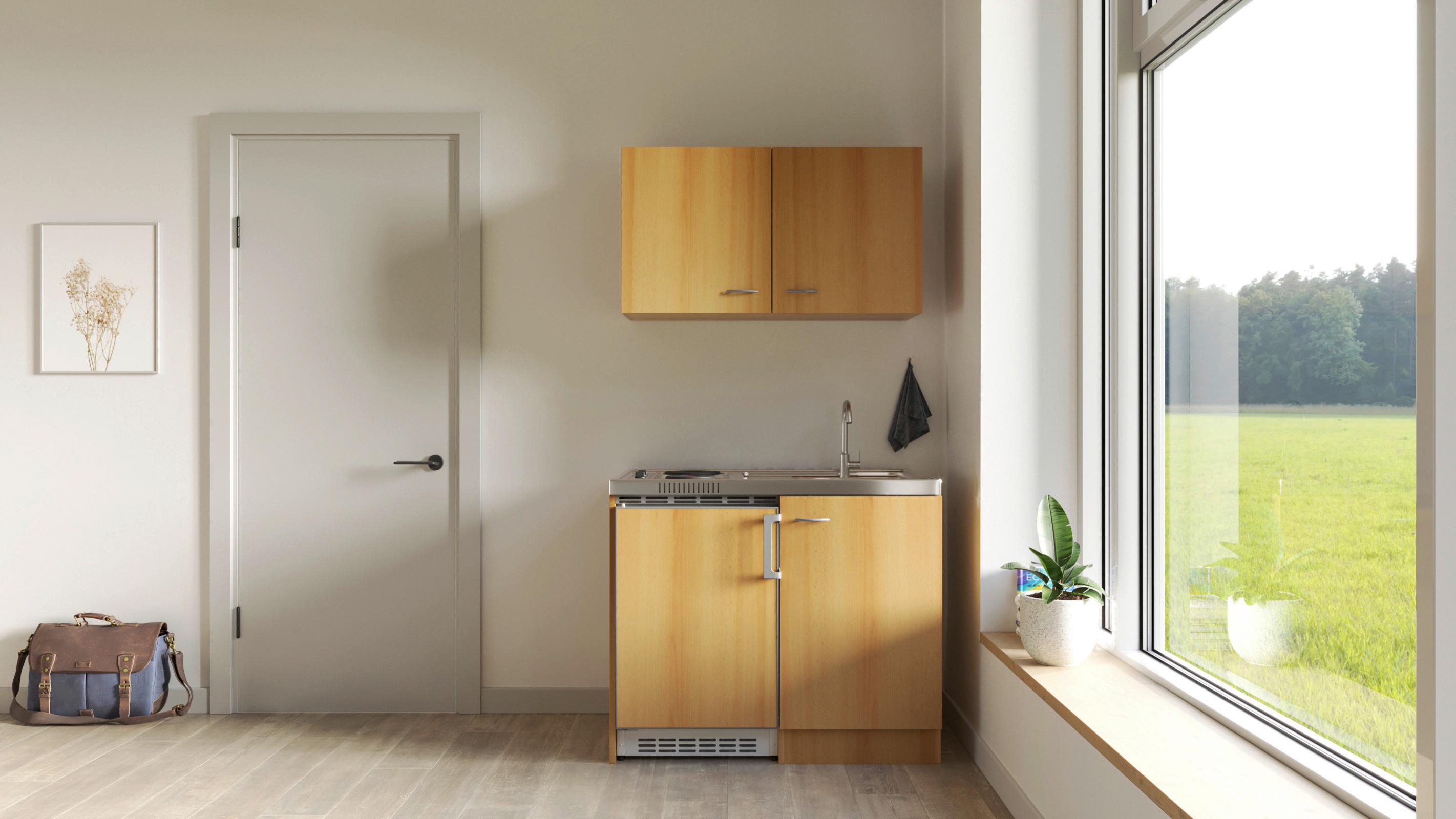 Miniküche Nano mit Geräten ca. 100 cm Buchefarben - Edelstahlfarben/Buchefarben, MODERN, Holzwerkstoff/Kunststoff (100cm) - FlexWell