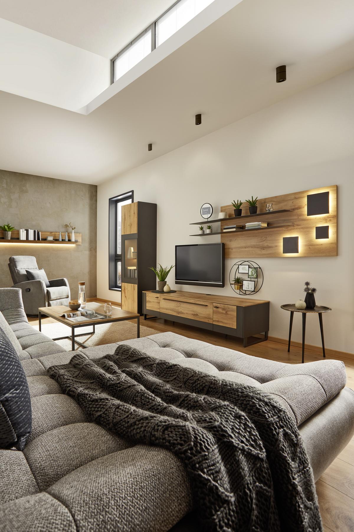 Wandpaneel in Eiche-/Schieferfarben - Schieferfarben/Eichefarben, MODERN, Holzwerkstoff (194/70/22cm) - Premium Living