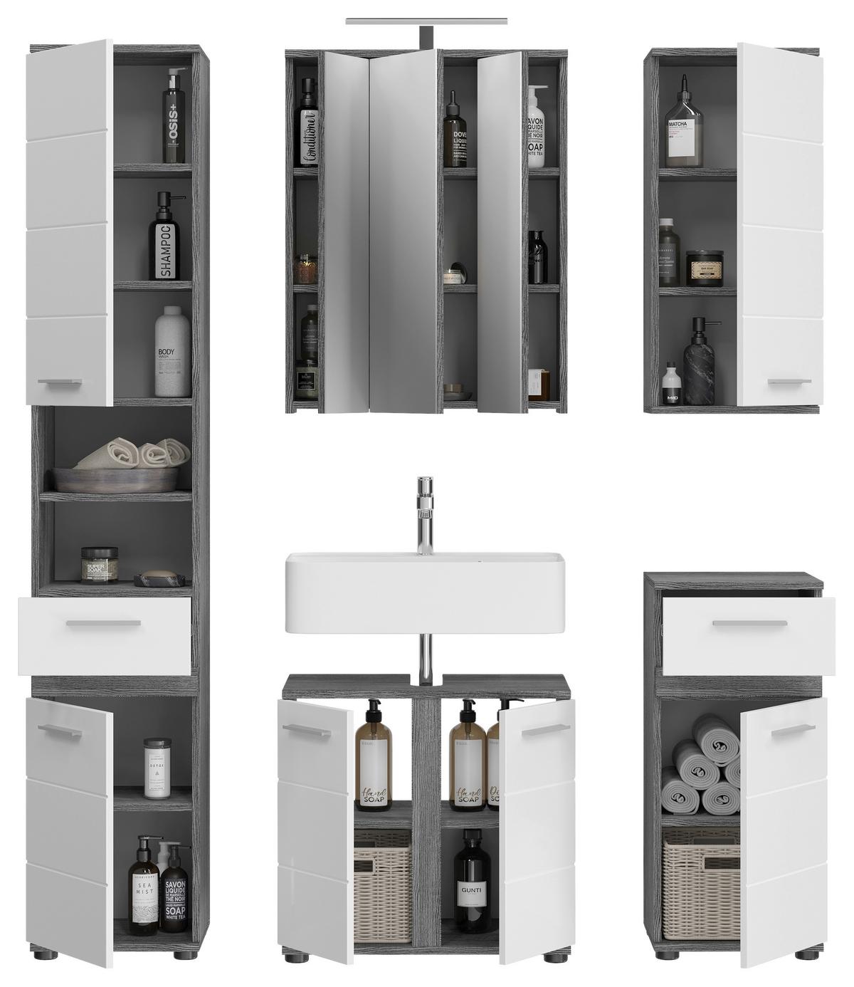Badezimmer-Set BLAKE 5-teilig, Weiß Hochglanz - Weiß Hochglanz/Silberfarben, MODERN, Glas/Holzwerkstoff (150cm) - MID.YOU
