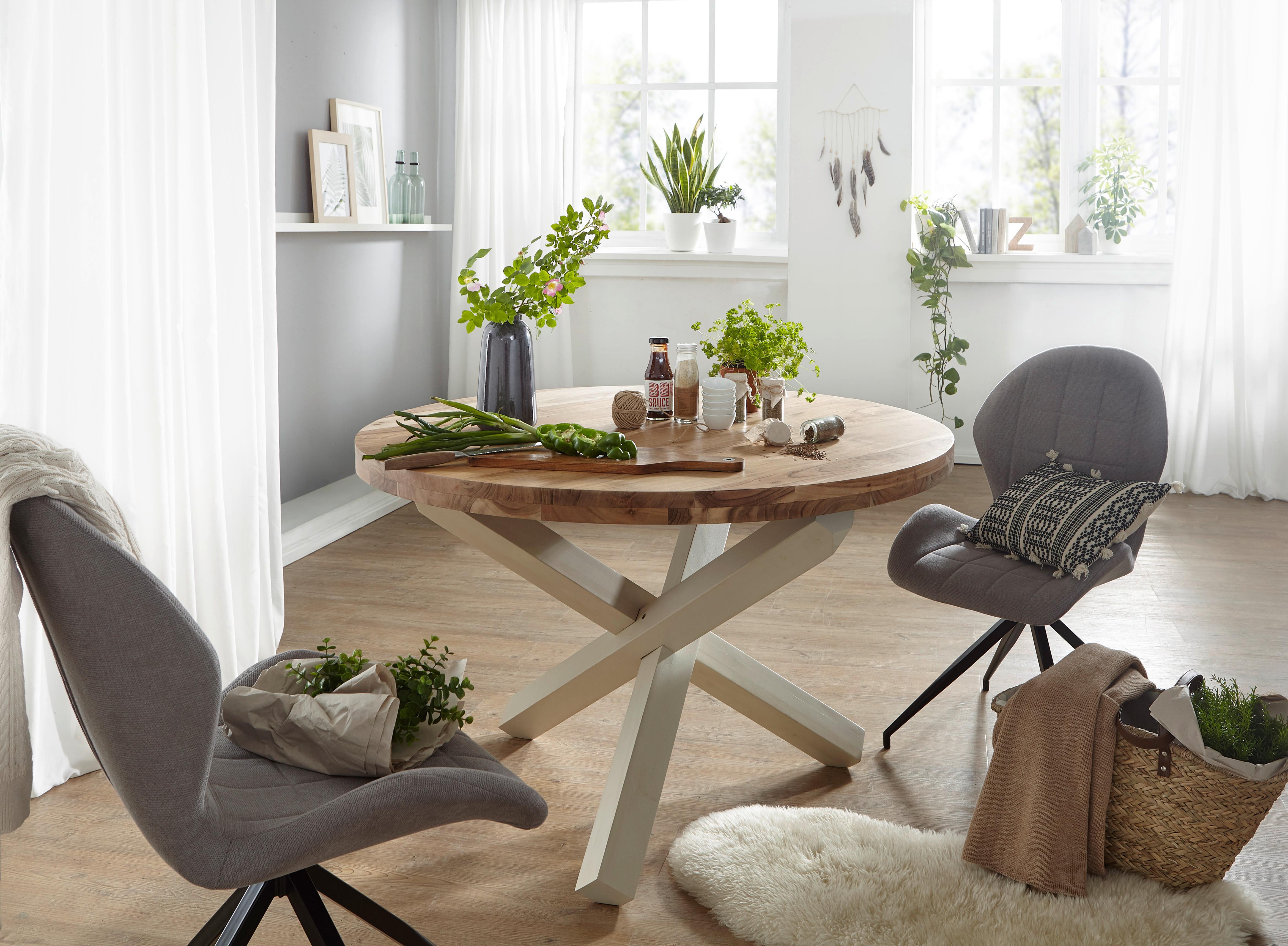 Jedilna Miza Boha, Pravi Les, Ø 120cm - bela/barve akacije, Design, les (120/75cm) - MID.YOU