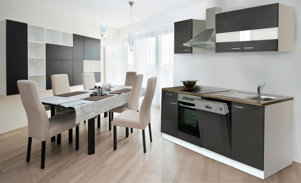 Küchenzeile Economy m. Geräten Grau/Nussbaum B: ca. 220 cm - Edelstahlfarben/Nussbaumfarben, Basics, Holzwerkstoff/Metall (220cm) - Respekta