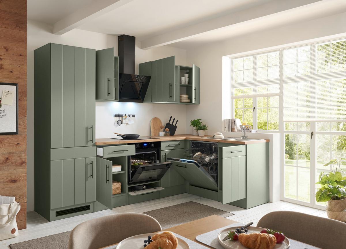 Eckküche Anton m. Geräten ca. 280x172cm Eiche/Schilfgrün - Schilfgrün/Wildeiche, Trend, Holzwerkstoff/Metall (280/172cm) - Respekta