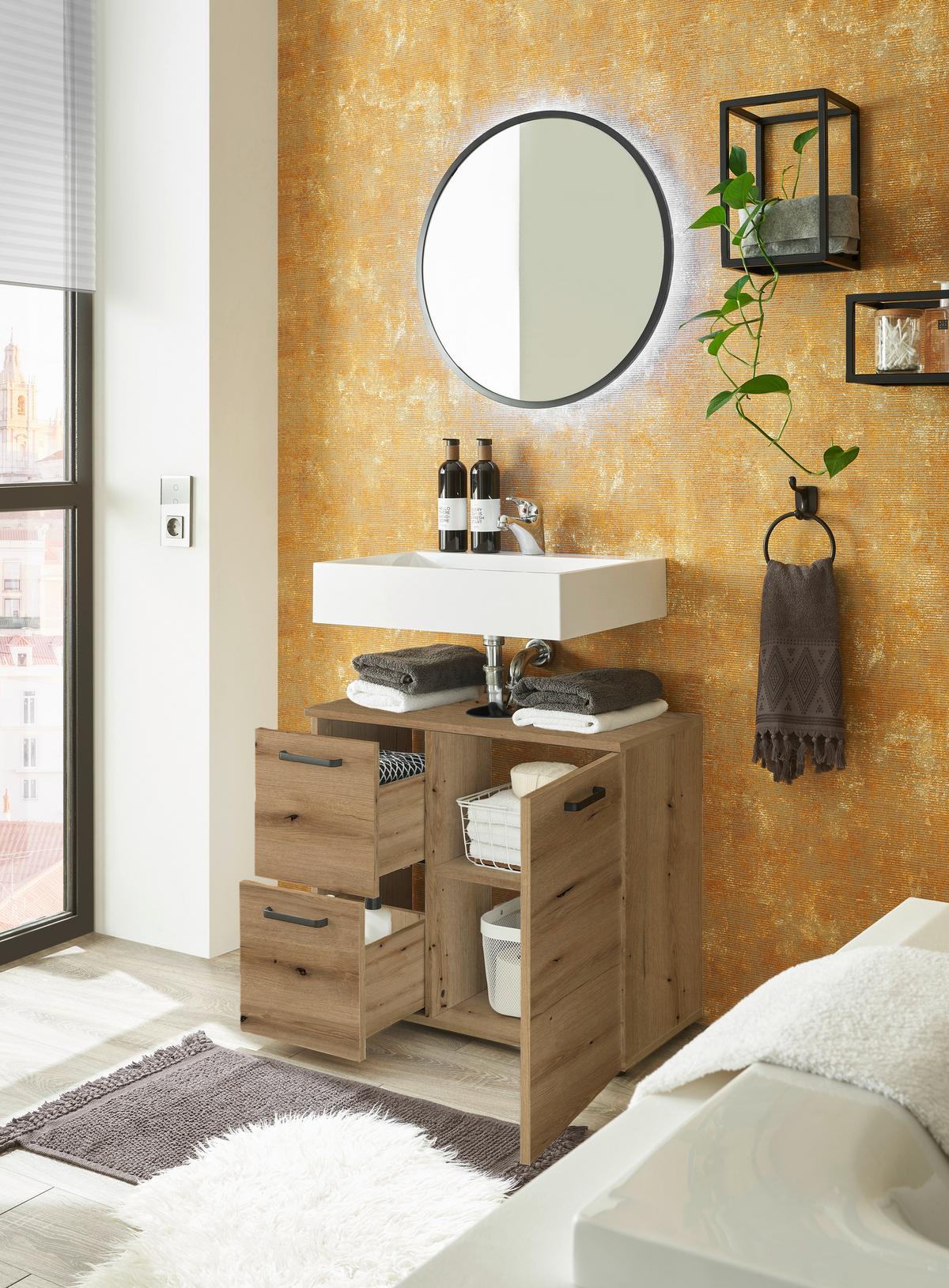 SZAFKA POD UMYWALKĘ VANICE - kolor dębowy/czarny, Modern, materiał drewnopochodny/tworzywo sztuczne (70/60/35cm) - MID.YOU