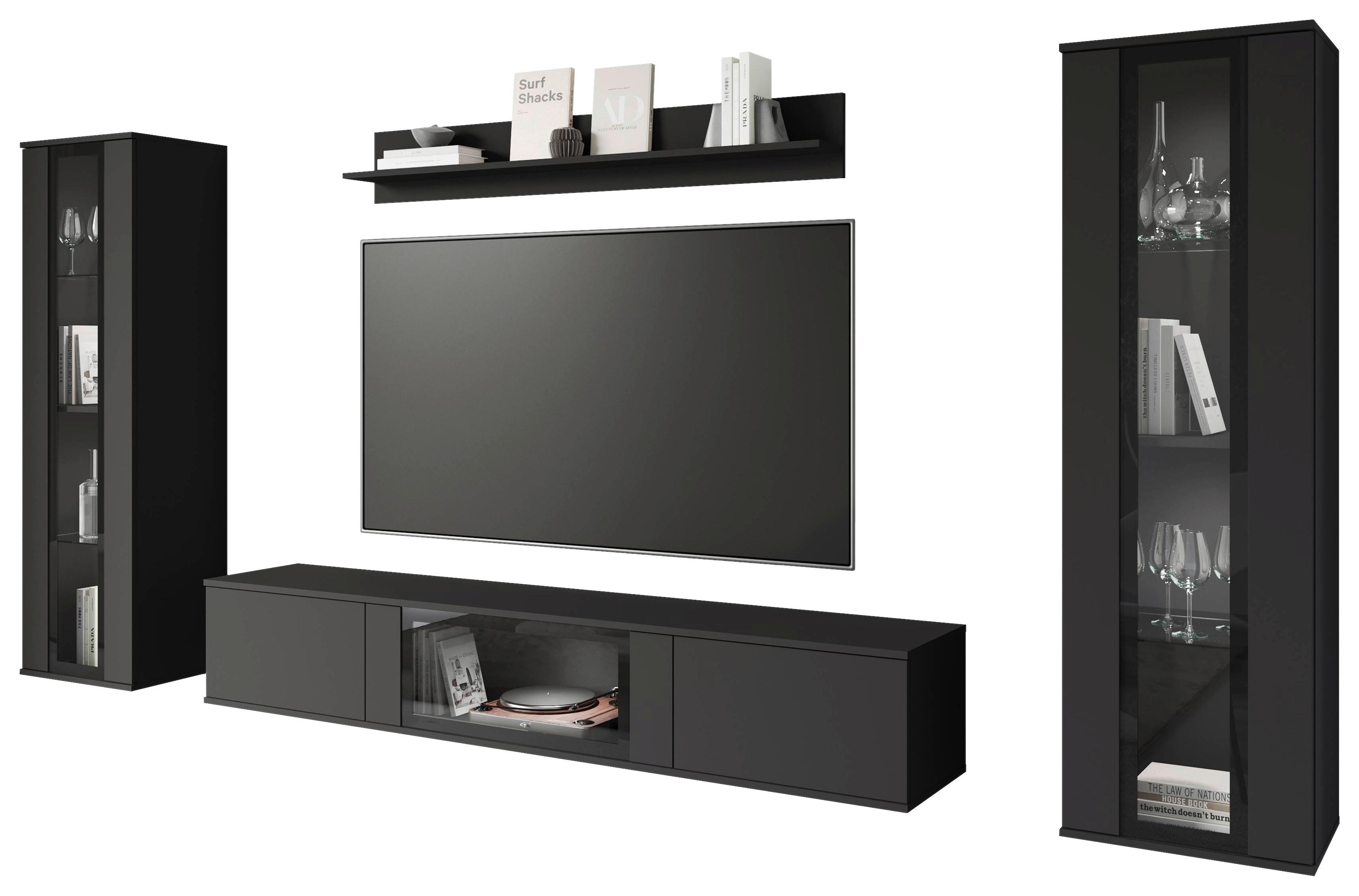 Dnevni Regal Caro, Črna Mat, Osvetlitev, 4-Delni - črna, Trend, umetna masa/steklo (262/141,9/33cm) - Livetastic