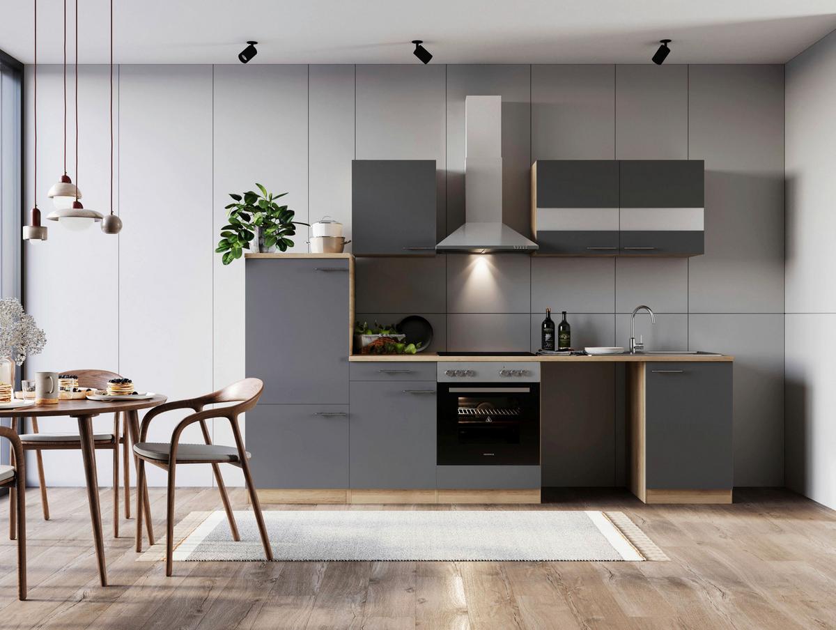 Küchenblock Merle m. Geräten Grau - Edelstahlfarben/Eichefarben, Basics, Glas/Holzwerkstoff (280cm) - Respekta