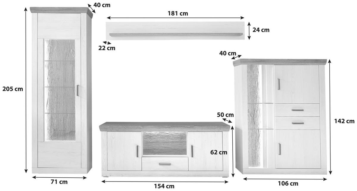 Wohnwand Madrid Eiche-/Pinienfarben - Eichefarben/Graphitfarben, Design, Glas/Holzwerkstoff (351/205/50cm) - MID.YOU