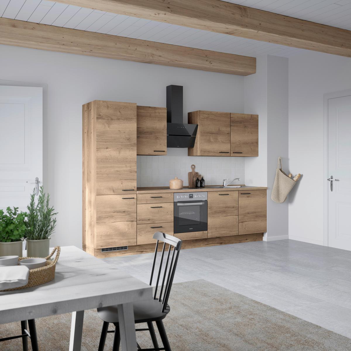 Küchenblock Structura High m. Geräten Eiche dunkel - Eiche dunkel/Schwarz, MODERN, Holzwerkstoff/Metall (300cm) - Nobilia