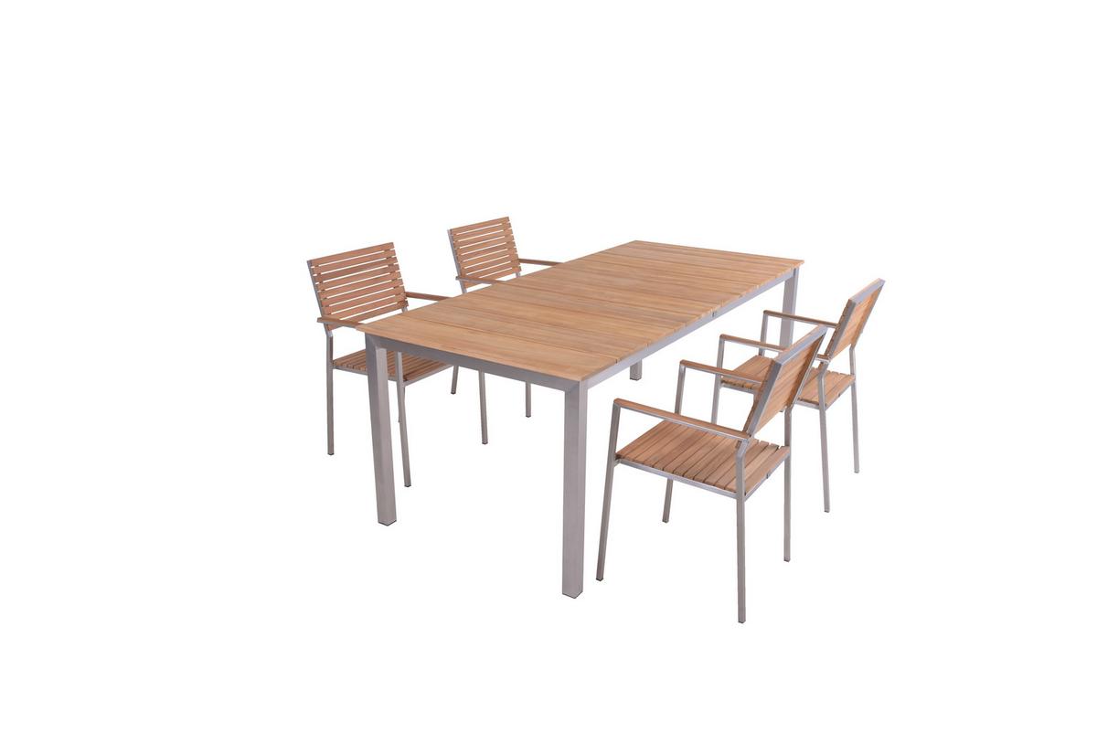 Gartentischgruppe Dallas- Denver Teak 5-tlg. - Silberfarben/Braun, Basics, Holz/Metall - Gardenson