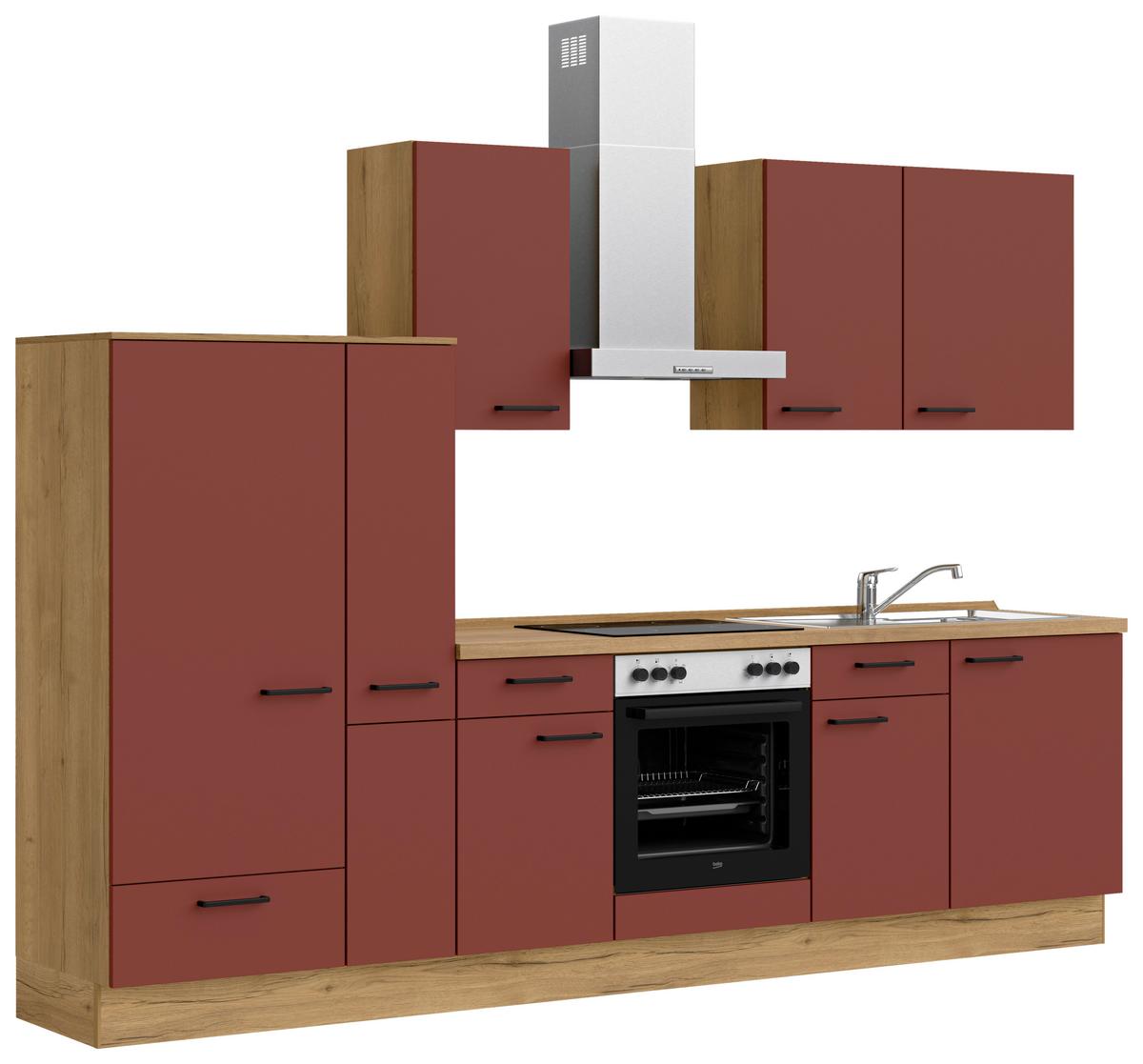 Küchenblock Easytouch Low m. Geräten Dunkelrot - Eichefarben/Schwarz, MODERN, Holzwerkstoff/Metall (300cm) - Nobilia