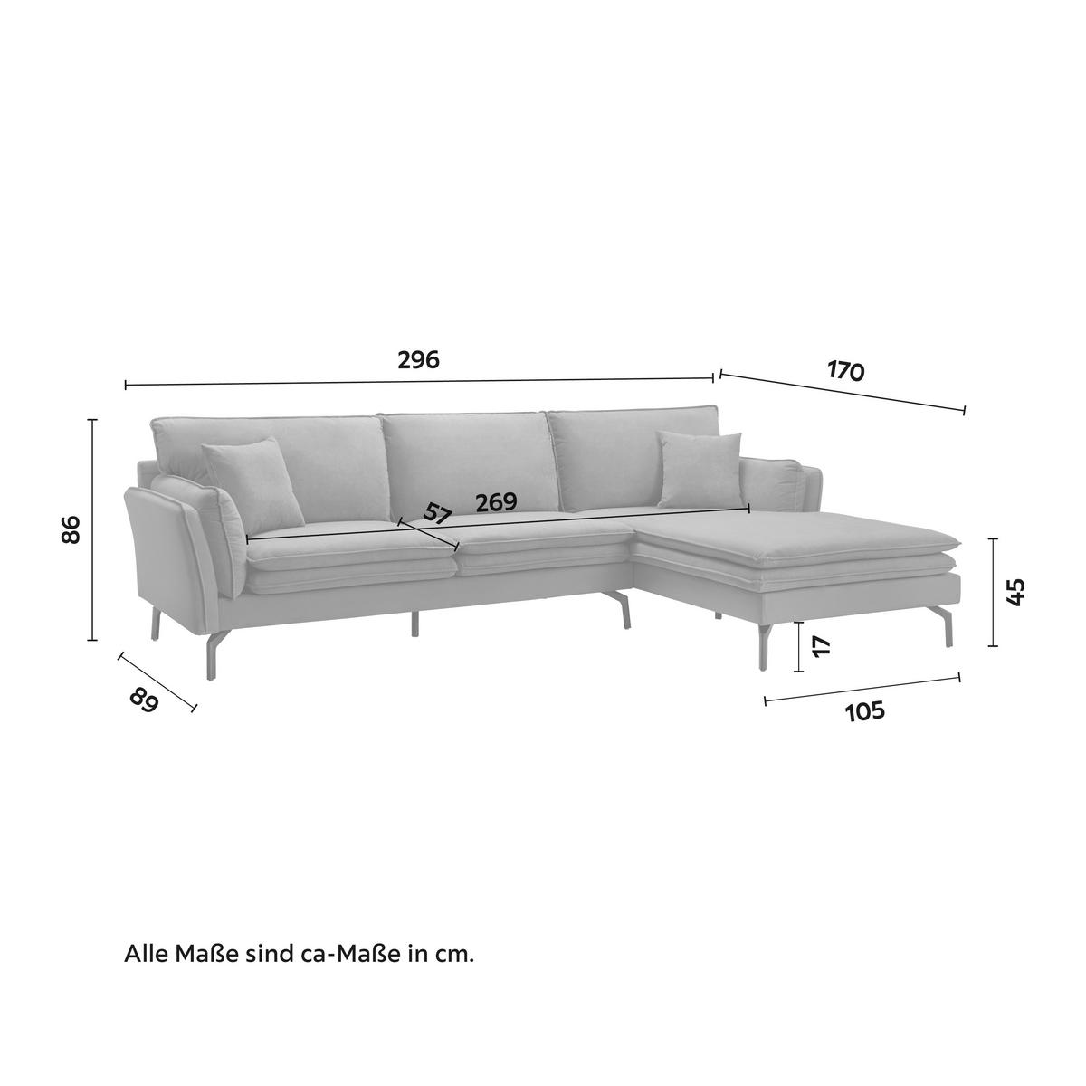 canapé d'angle in Grau Samt - gris/noir, Modern, métal/textile (296/86/170cm) - Bessagi Home