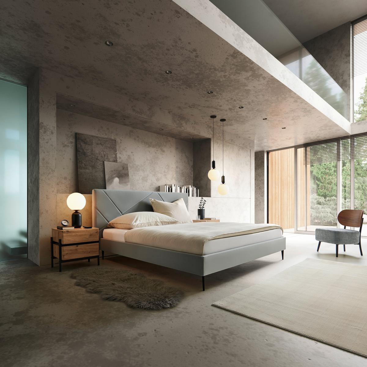 ŁÓŻKO TAPICEROWANE ELENA - kolor naturalny/czarny, Modern, metal/drewno (180/200cm) - Bessagi Home