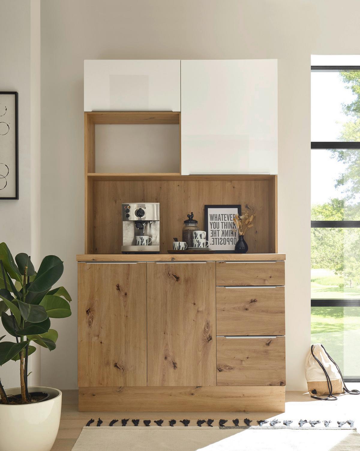 Miniküche Marleen ohne Geräte Eiche B: ca. 120 cm - Weiß Hochglanz/Alufarben, LIFESTYLE, Holzwerkstoff/Kunststoff (120cm) - Respekta