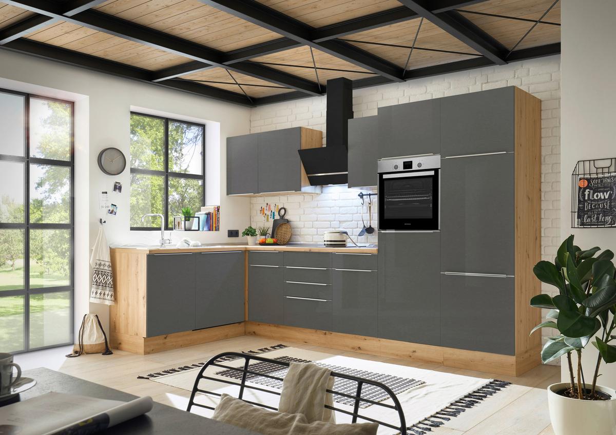 Eckküche Marleen mit Geräten Grau/Eiche ca. 340x170 cm - Anthrazit/Alufarben, LIFESTYLE, Holzwerkstoff/Kunststoff (170/340cm) - Respekta
