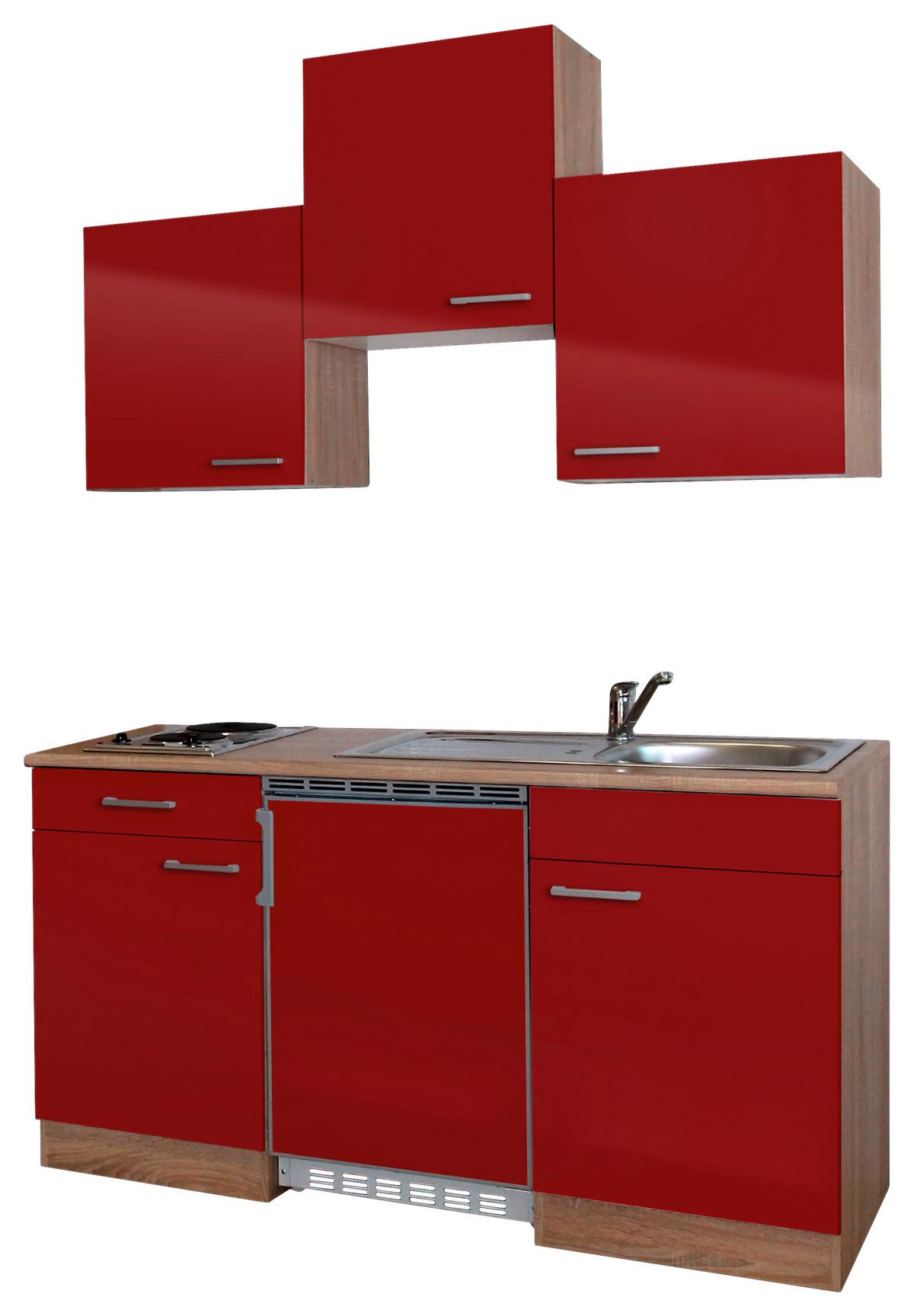 Miniküche Economy m. Geräten B: ca. 150cm Rot/Eichefarben - Rot, Basics, Holzwerkstoff (150cm) - Respekta