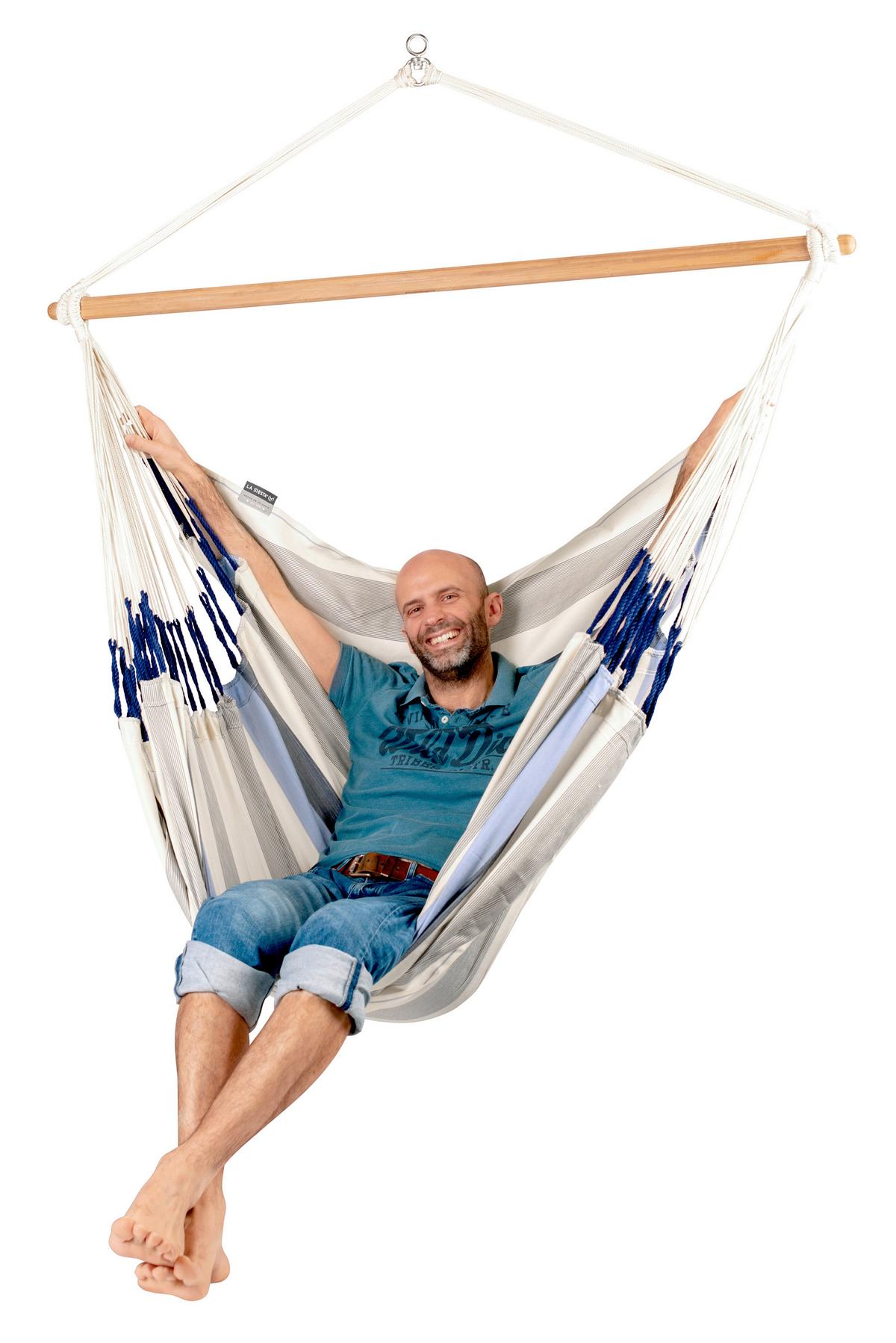 Hängesessel Kingsize Hammock Echtholz Weiß/Blau - Weiß/Dunkelblau, KONVENTIONELL, Holz/Textil (140/170/210cm) - La Siesta