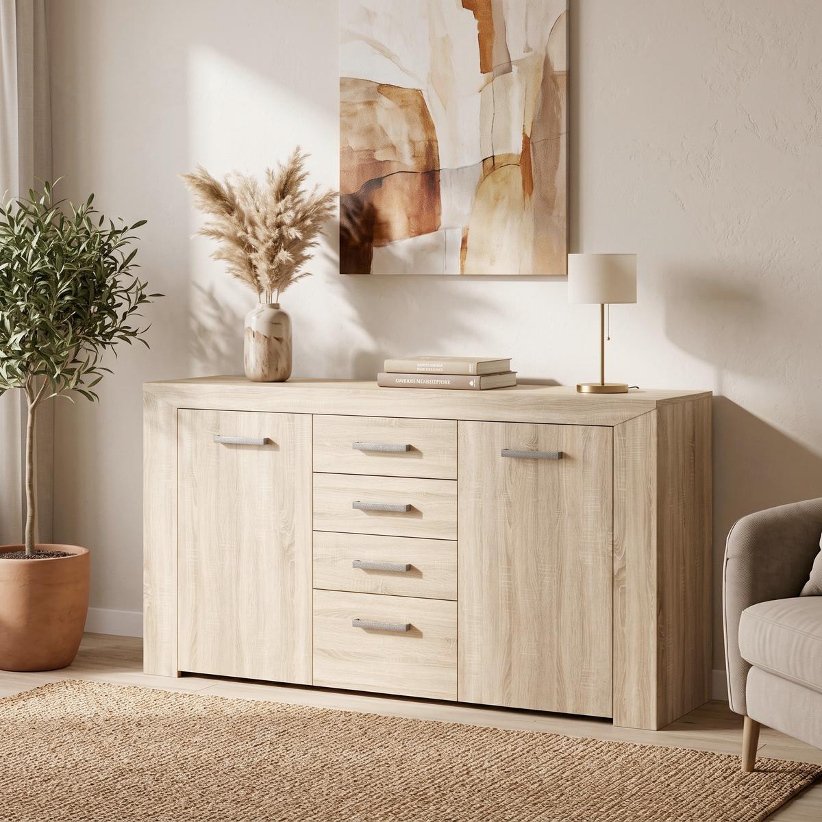 Komoda Lorenzo - sonoma hrast/crna, metal/pločasti materijal (160,2/85,5/44cm) - Modern Living