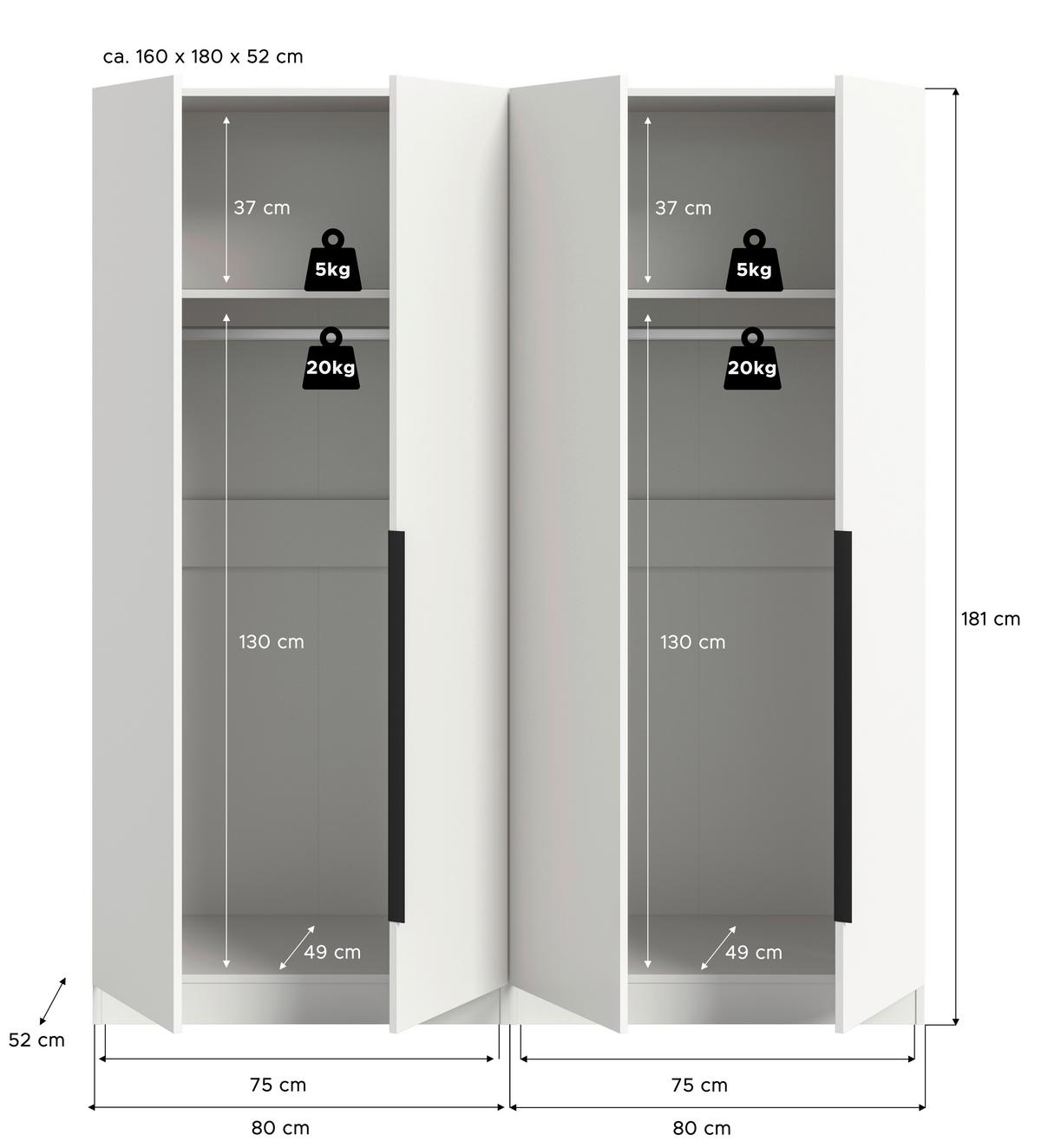 Drehtürenschrank KOPENHAGEN ca.160x181x52 cm Weiß - Schwarz/Weiß, MODERN, Holzwerkstoff (160/181/52cm) - MID.YOU