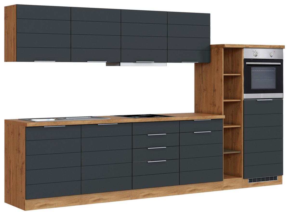 Küchenblock Florenz mit Geräten ca. 330 cm Grau/Eiche - Eiche Wotan/Grau, Design, Holzwerkstoff/Metall (330cm) - Held