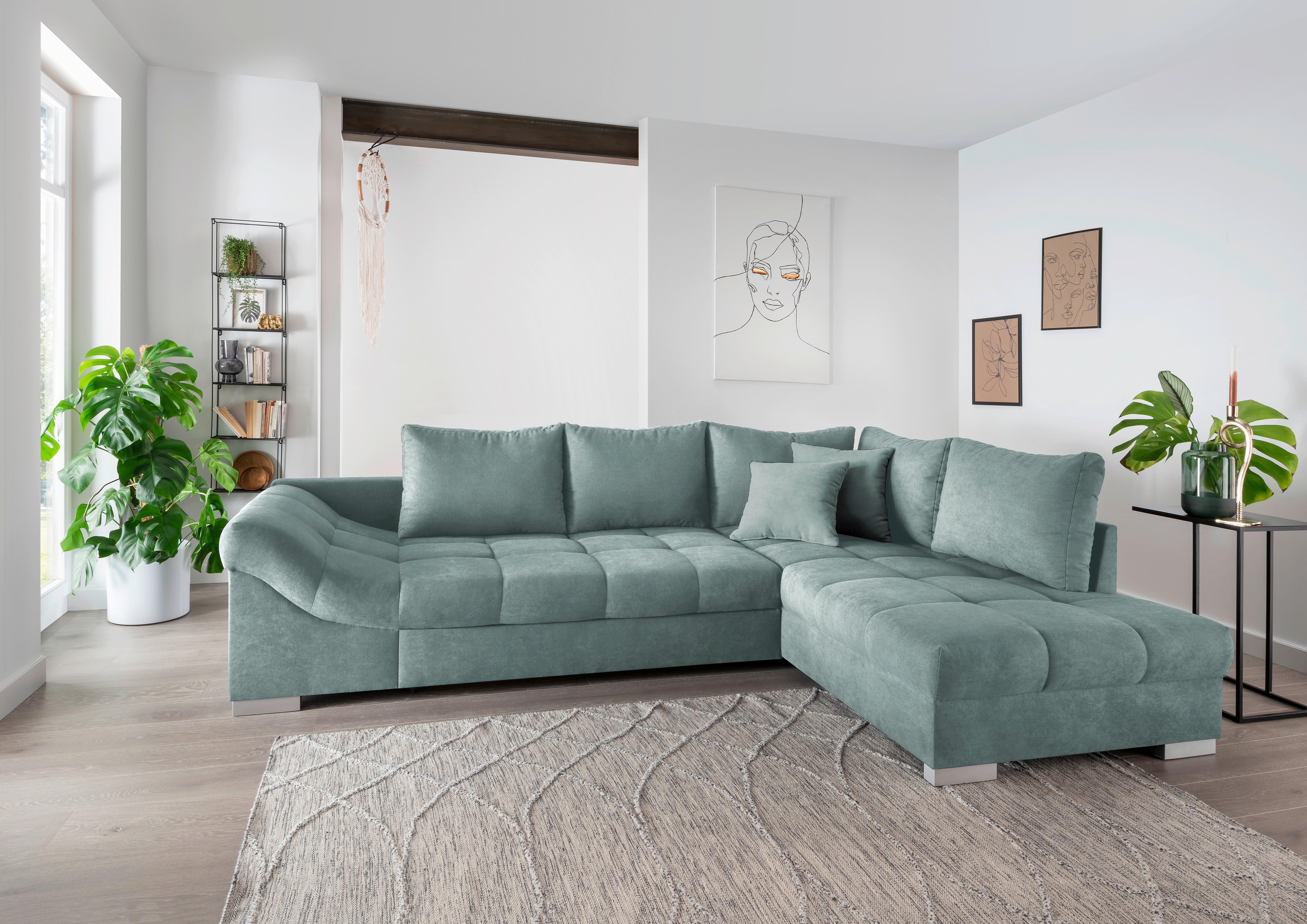 Wohnlandschaft Alvito Mintgrün Nylon/Mikrofaser - Silberfarben/Mintgrün, Design, Holz/Textil (298/202cm) - MID.YOU