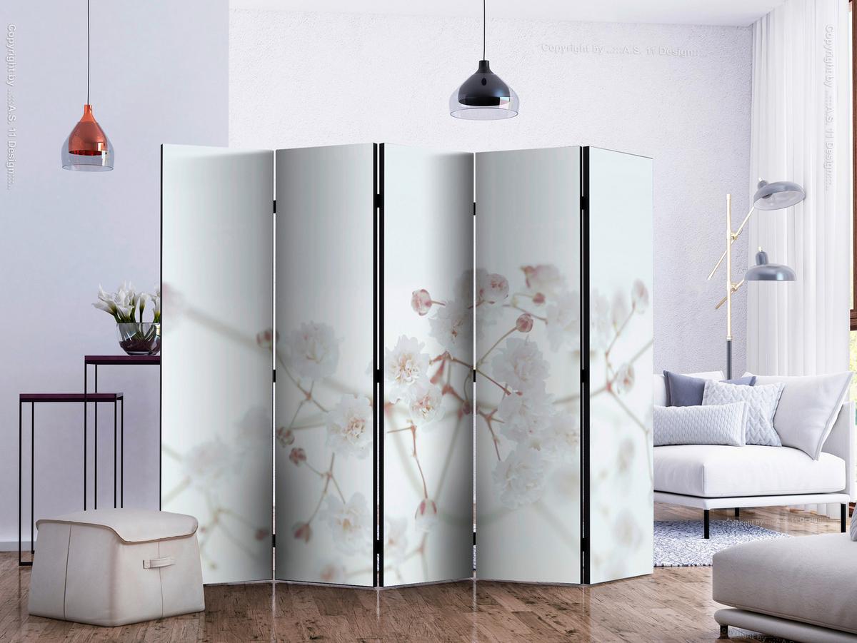 Paravan White Flower I, 5-Delni, Enostranski - bela/bež, Basics, tekstil/les (225/172/3cm) - artgeist