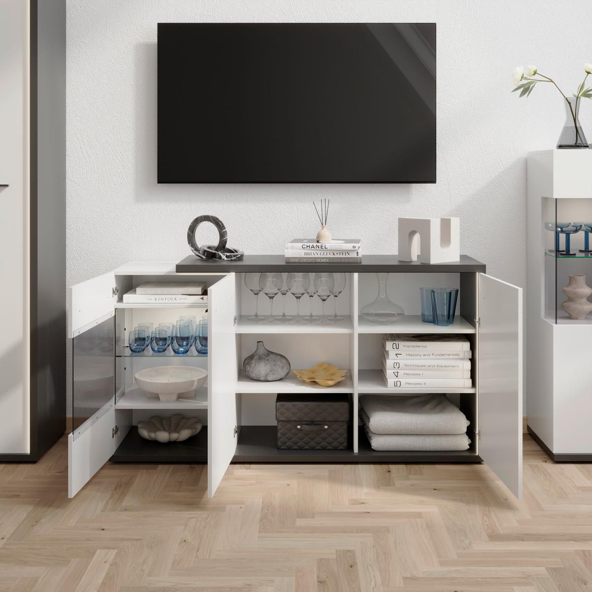 Komoda Ambiente Plus - bijela/bijela visoki sjaj, Moderno, staklo/drvni materijal (153,4/81,6/43,6cm) - Modern Living